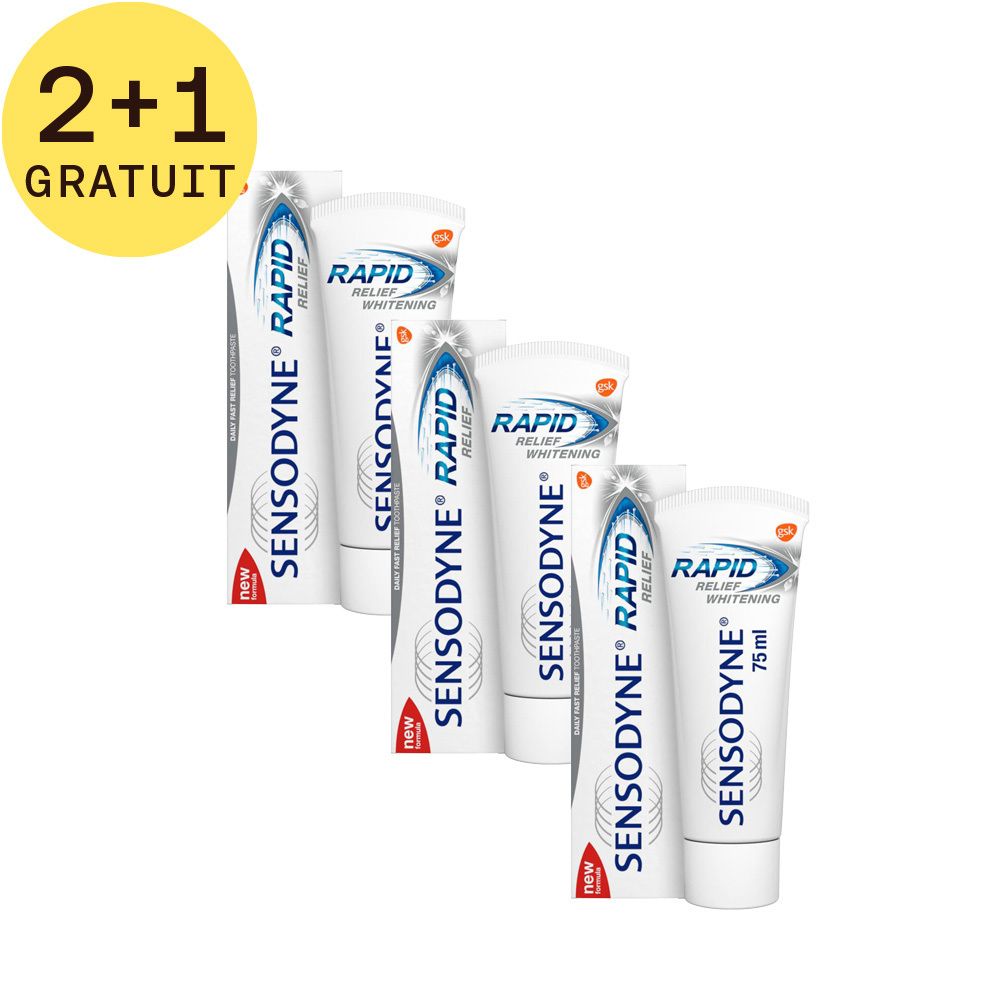 Lot de 3 tubes de dentifrice Sensodyne Rapid Relief Whitening. Mention 2+1 GRATUIT.