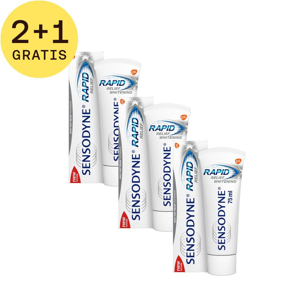 Verpakking met 3 tubes tandpasta. Opschrift: Sensodyne Rapid Relief Whitening. 2+1 GRATUIT.