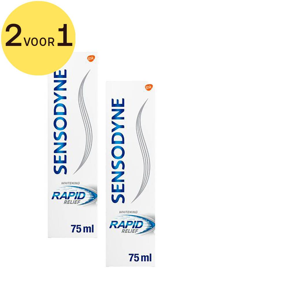 Twee tubes tandpasta. Opschrift: Sensodyne Rapid Relief Whitening. 2 VOOR 1.
