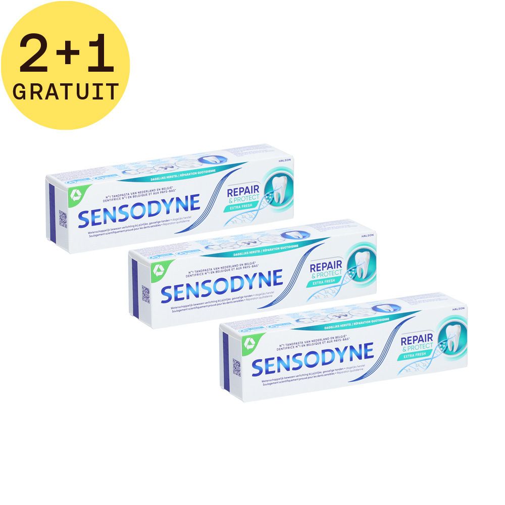Trois boîtes de dentifrice "Sensodyne Repair & Protect". Étiquette "2+1 GRATUIT".