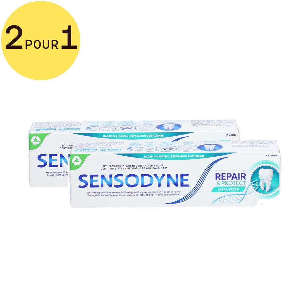 Deux boîtes de dentifrice "Sensodyne Repair & Protect". Étiquette "2 POUR 1".