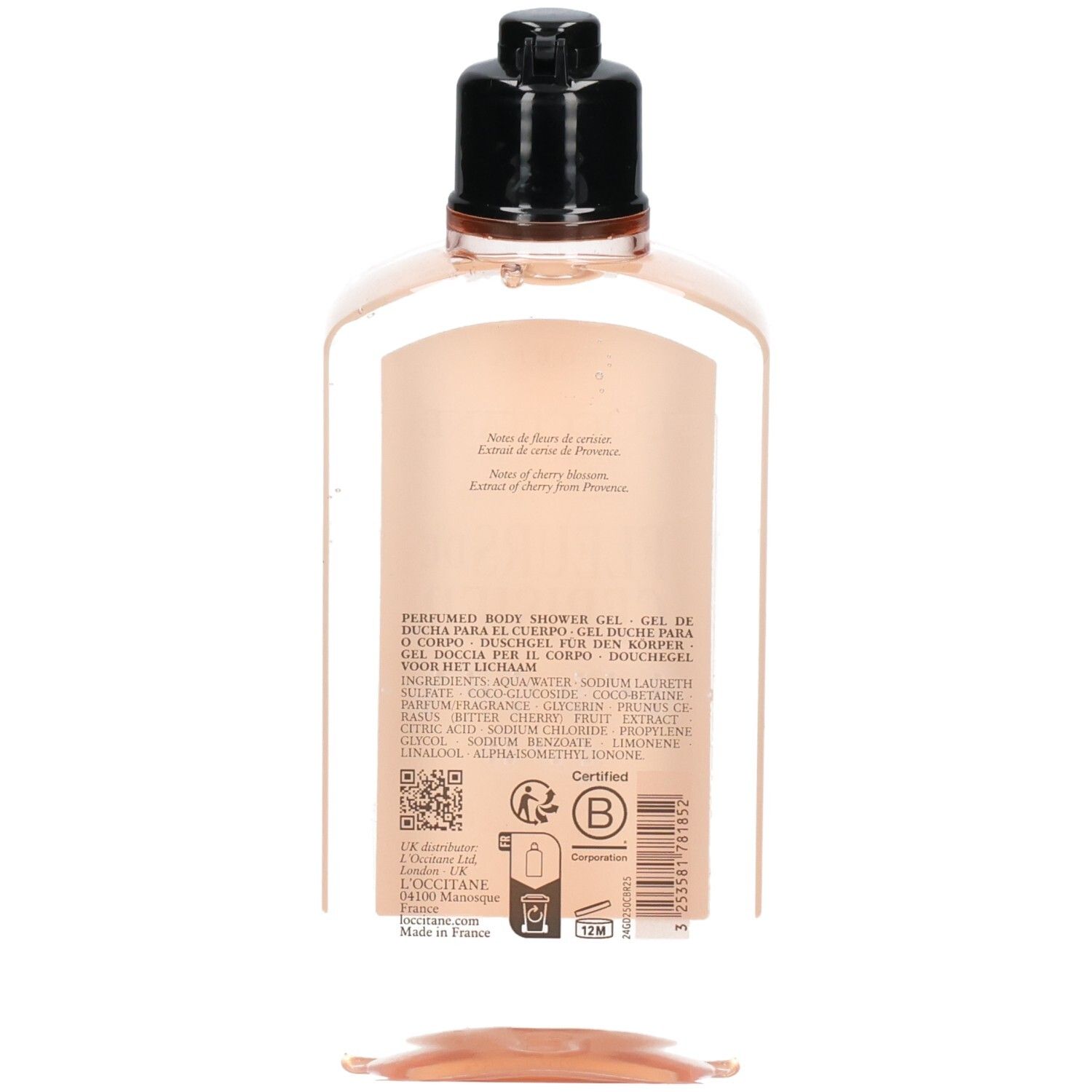 L'Occitane Fleurs de Cerisier Duschgel, Rückansicht mit Produktinformationen.