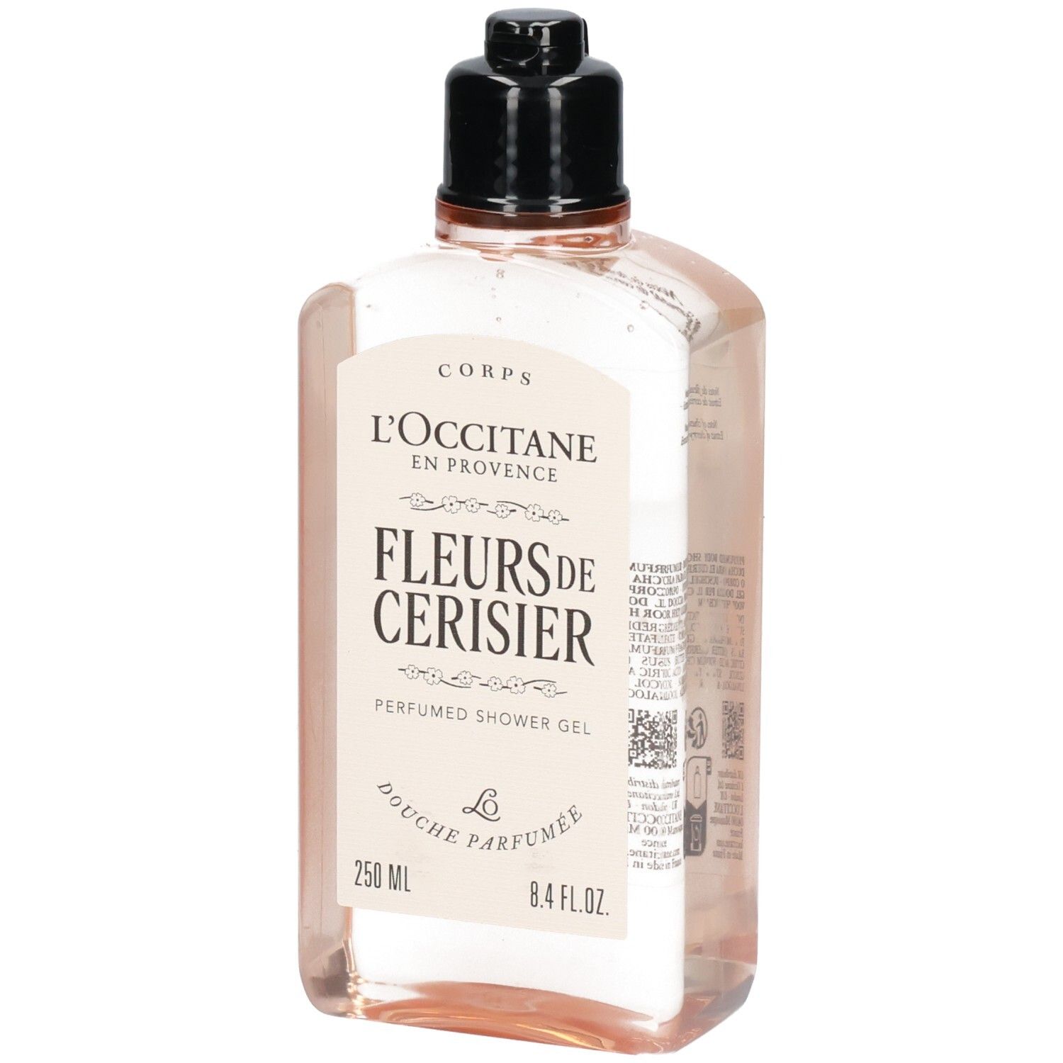 L'Occitane Fleurs de Cerisier Duschgel in klarer Flasche mit schwarzem Verschluss.