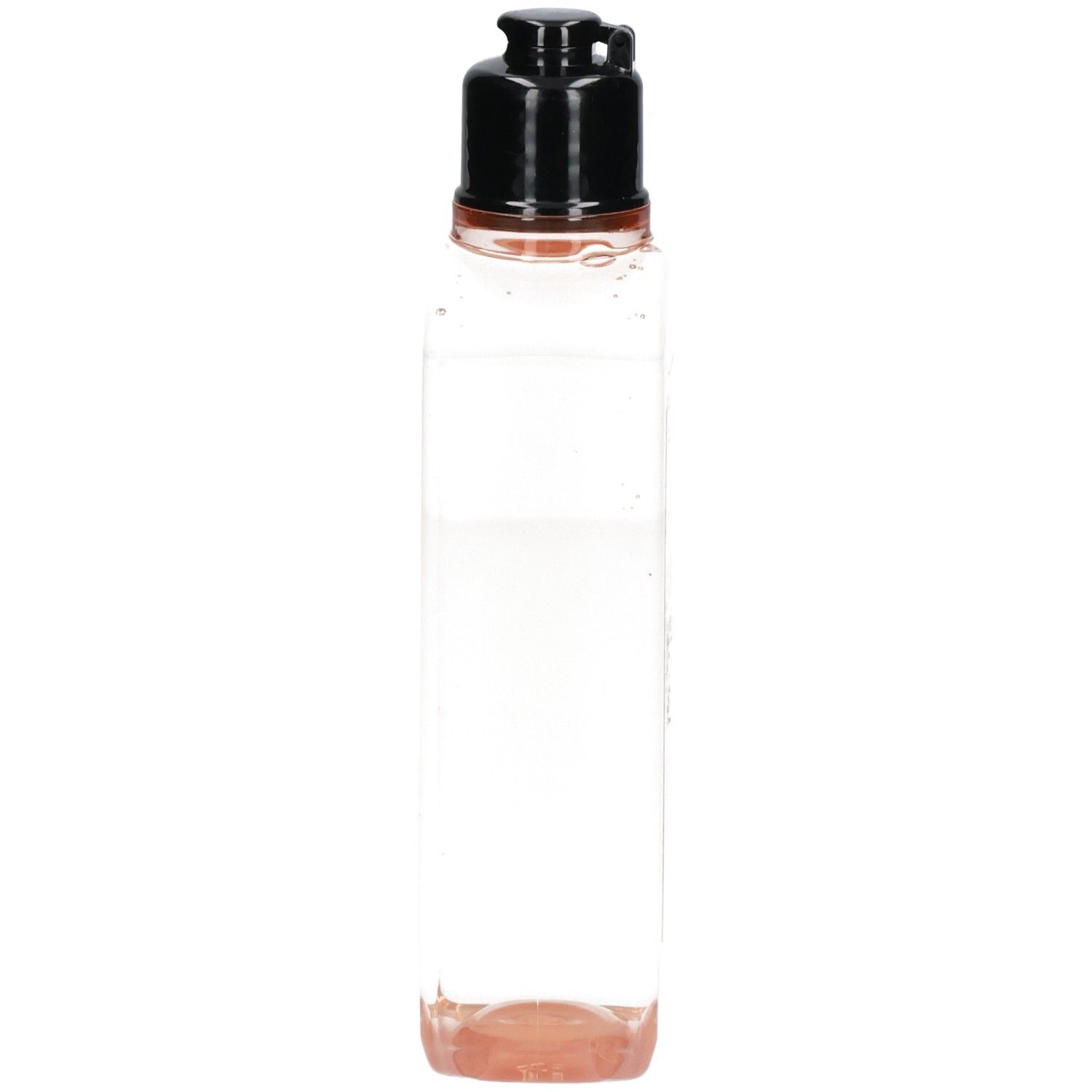 L'Occitane Fleurs de Cerisier Duschgel, Seitenansicht der klaren Flasche mit schwarzem Verschluss.