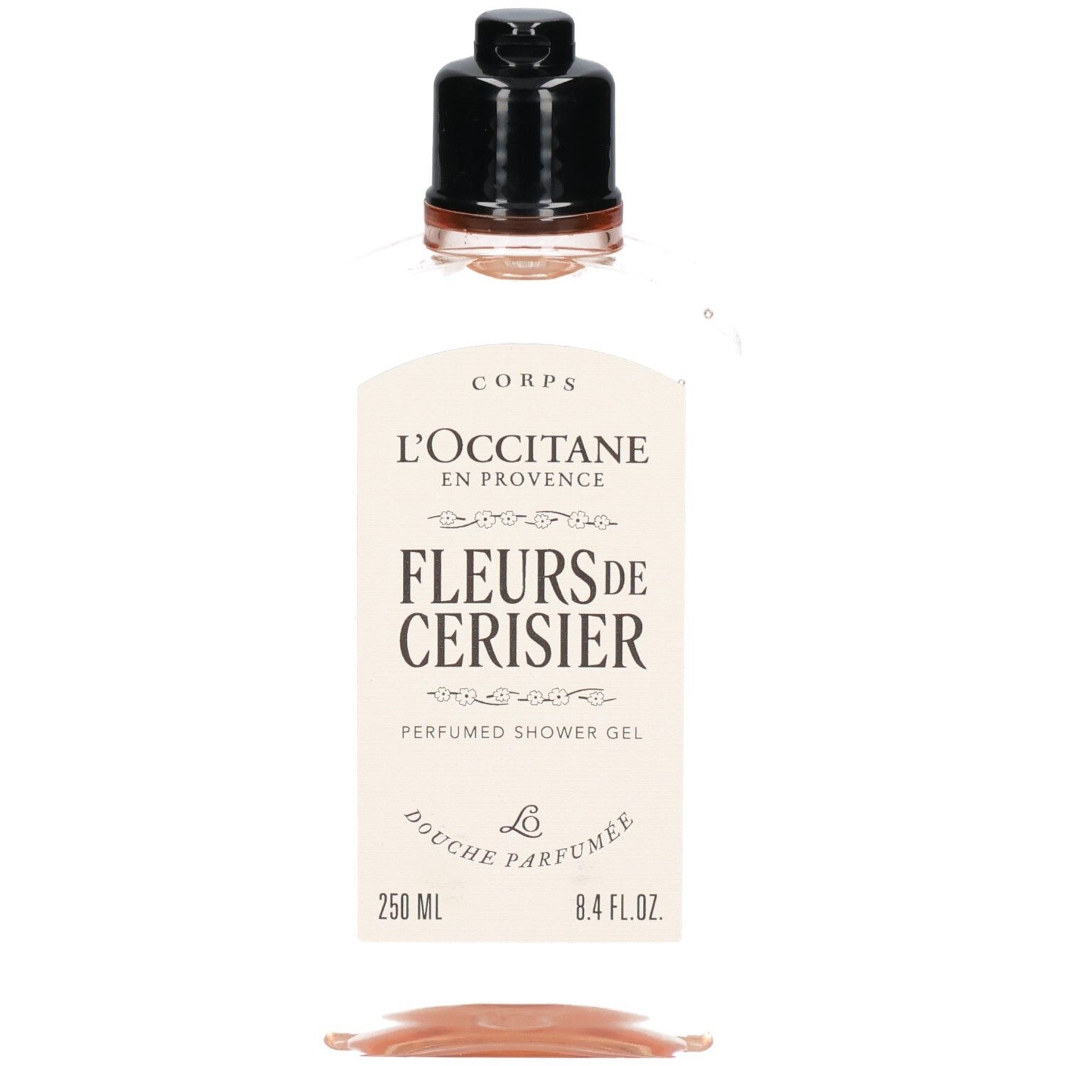 L'Occitane Fleurs de Cerisier Duschgel, Vorderseite mit Etikett und schwarzem Verschluss.