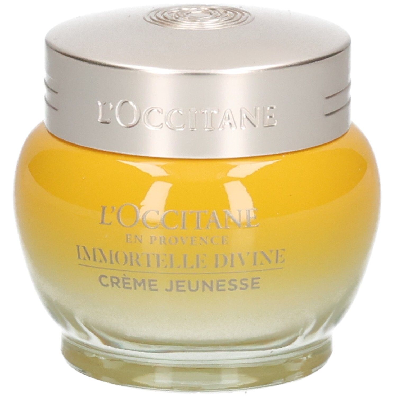 L'OCCITANE Immortelle Divine Creme Jeunesse in gelbem Glasbehälter mit silbernem Deckel.