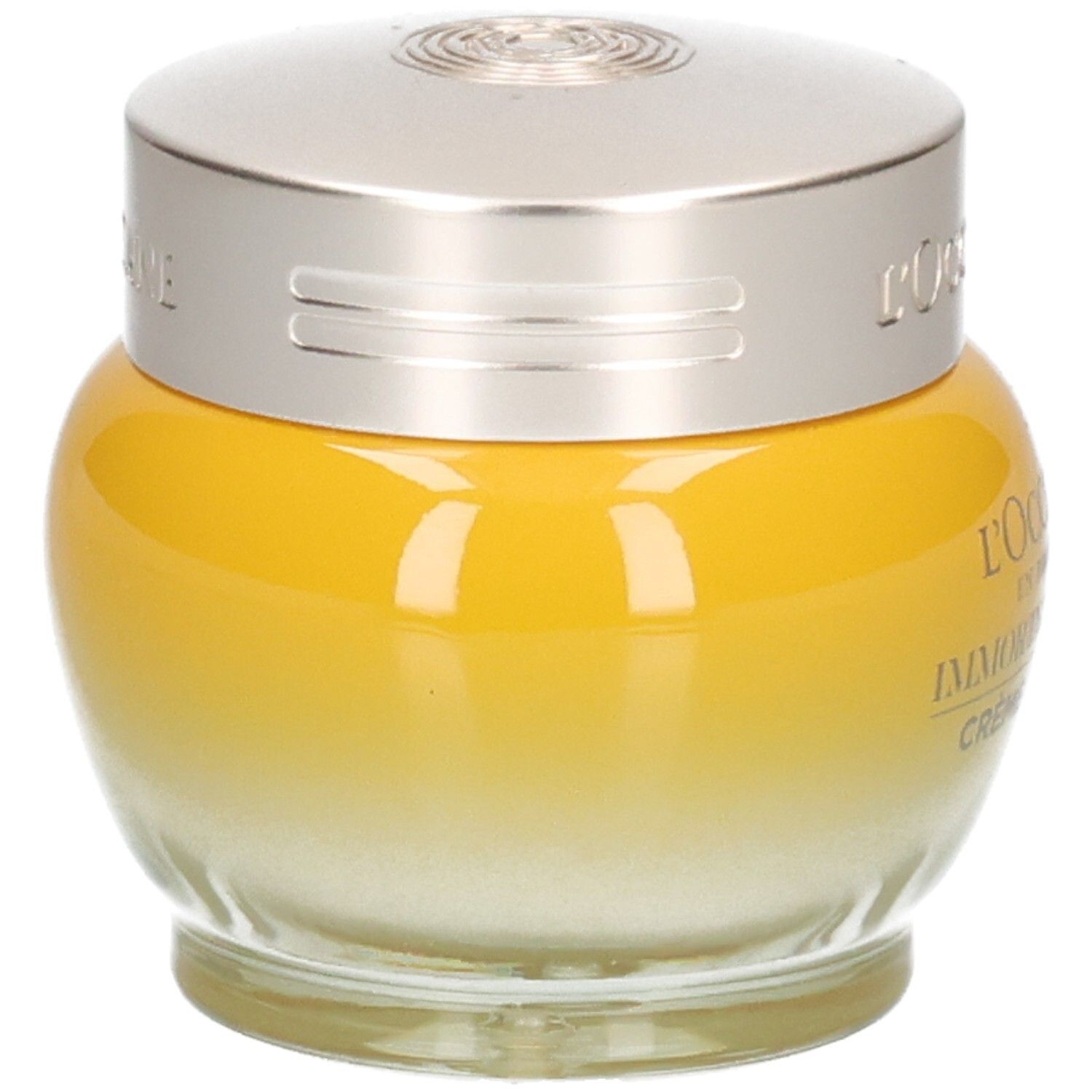 L'OCCITANE Immortelle Divine Creme Jeunesse in gelbem Glasbehälter mit silbernem Deckel.