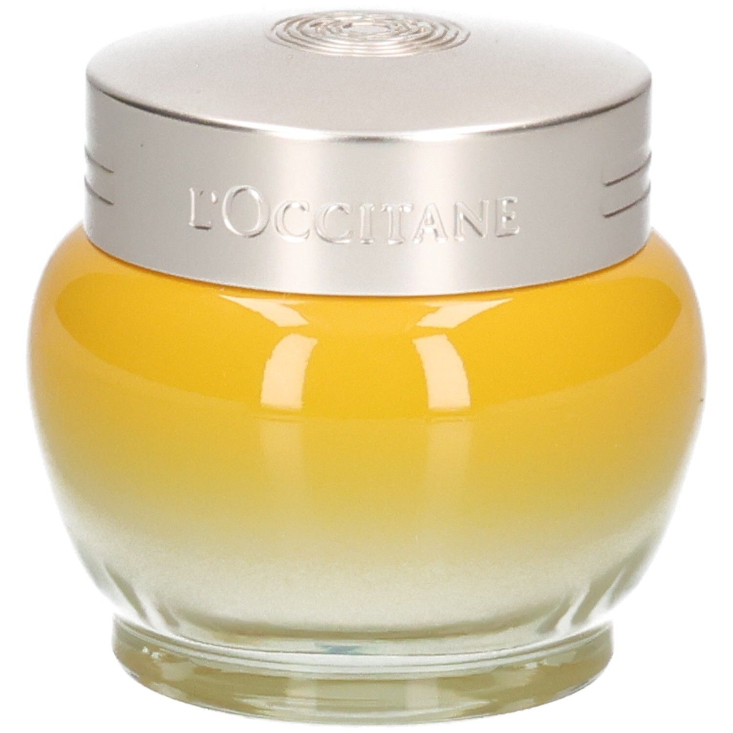 L'OCCITANE Immortelle Divine Creme Jeunesse in gelbem Glasbehälter mit silbernem Deckel.
