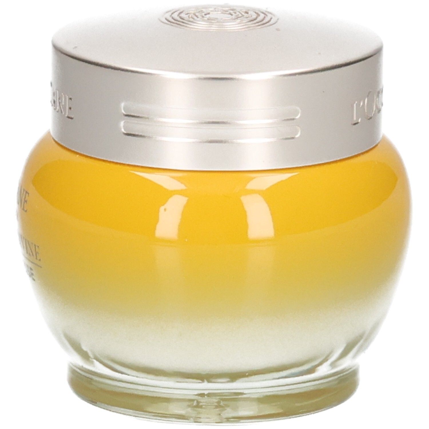 L'OCCITANE Immortelle Divine Creme Jeunesse in gelbem Glasbehälter mit silbernem Deckel.