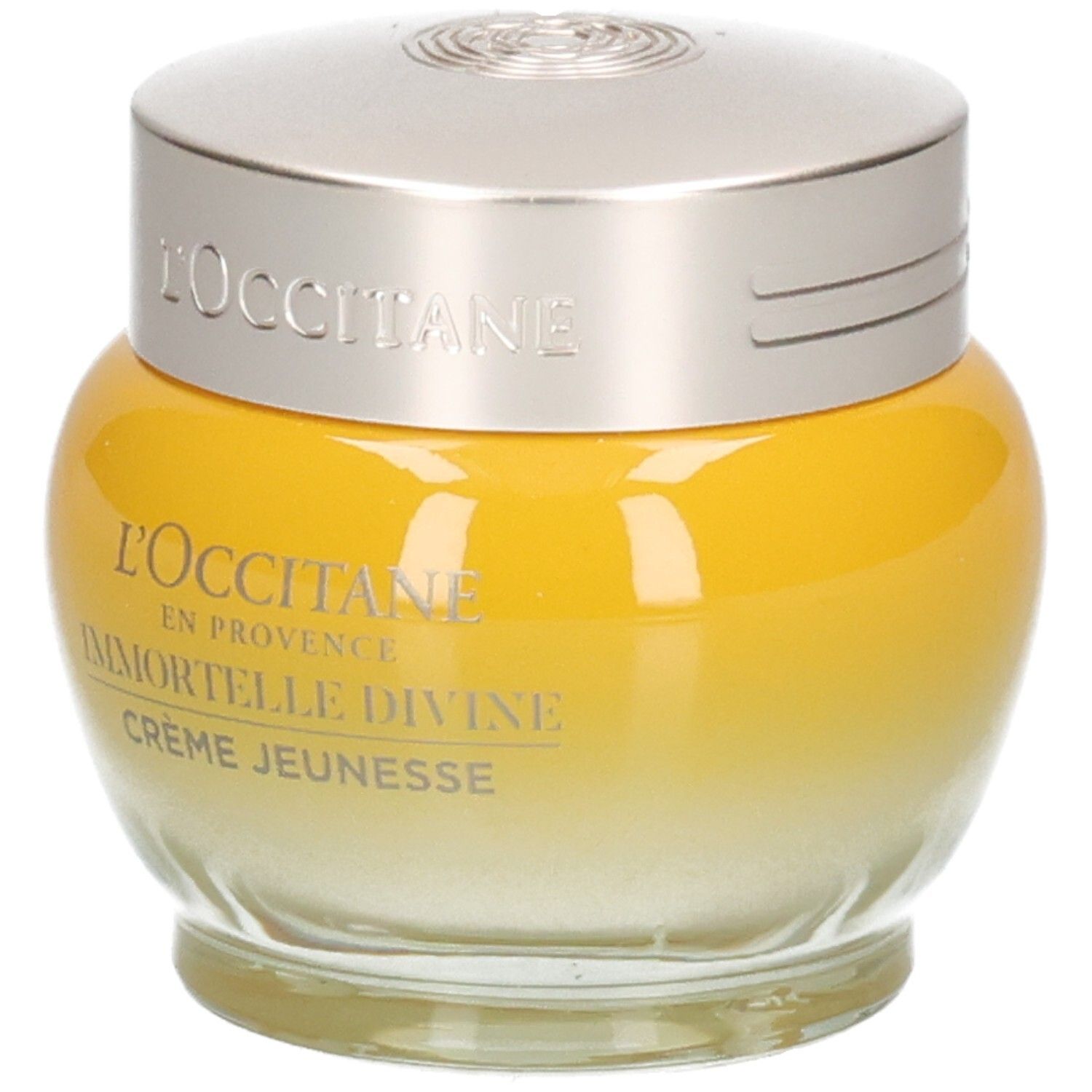 L'OCCITANE Immortelle Divine Creme Jeunesse in gelbem Glasbehälter mit silbernem Deckel.