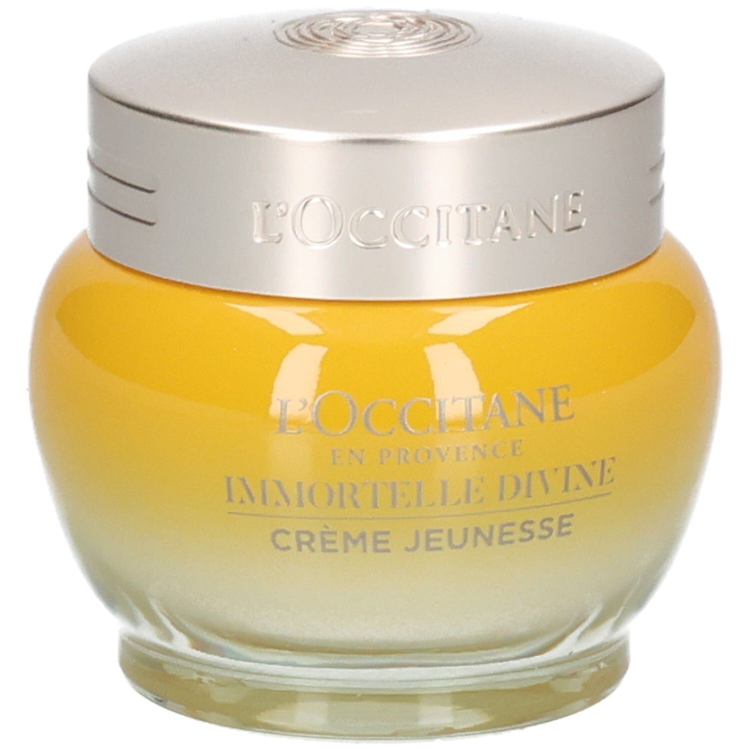L'OCCITANE Immortelle Divine Creme Jeunesse in gelbem Glasbehälter mit silbernem Deckel.