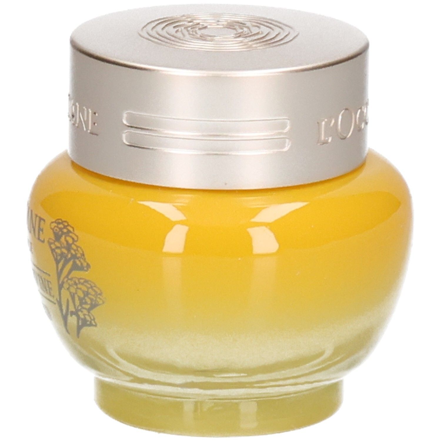 L'OCCITANE Immortelle Divine Augenbalsam, schräg von vorne betrachtet, gelber Glasbehälter mit silbernem Deckel.