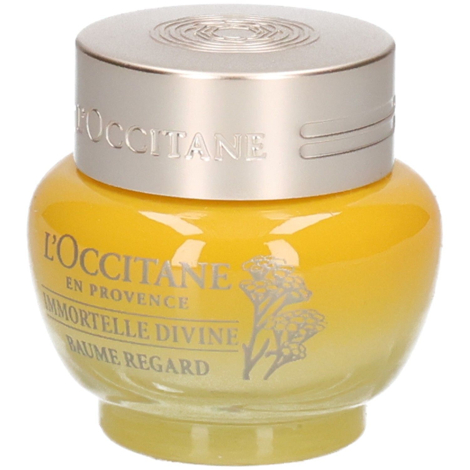 L'OCCITANE Immortelle Divine Augenbalsam, gelber Glasbehälter mit silbernem Deckel und floralem Motiv.