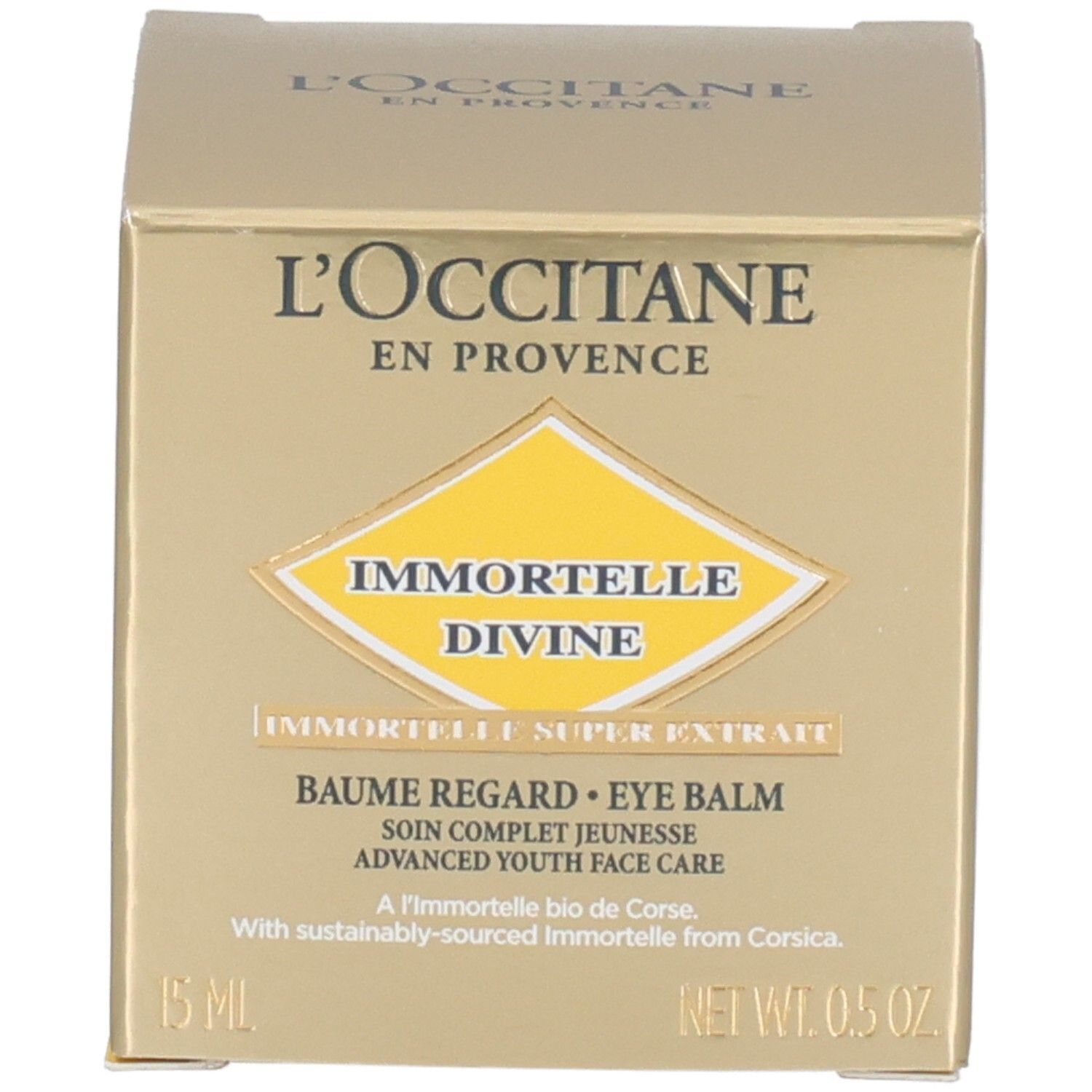 Goldene Umverpackung für L'OCCITANE Immortelle Divine Augenbalsam mit Produktnamen und Details.