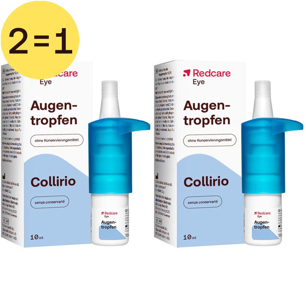 Twee verpakkingen Redcare oogdruppels, 2 voor 1 aanbieding. Elke verpakking bevat twee flesjes met blauwe doppen.