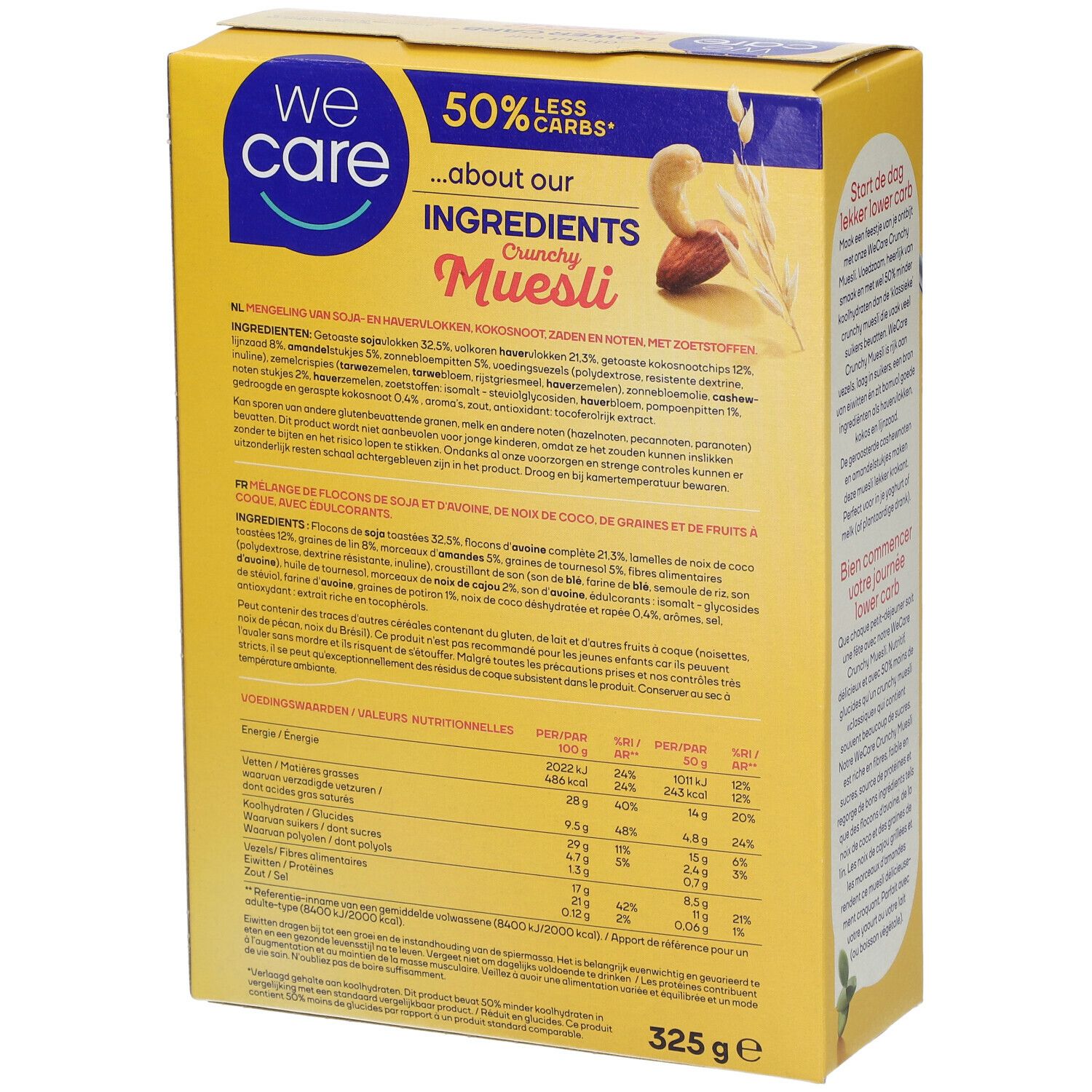 Achterkant van de gele doos "We Care Crunchy Muesli". Bevat voedingsinformatie en ingrediëntenlijsten in meerdere talen.