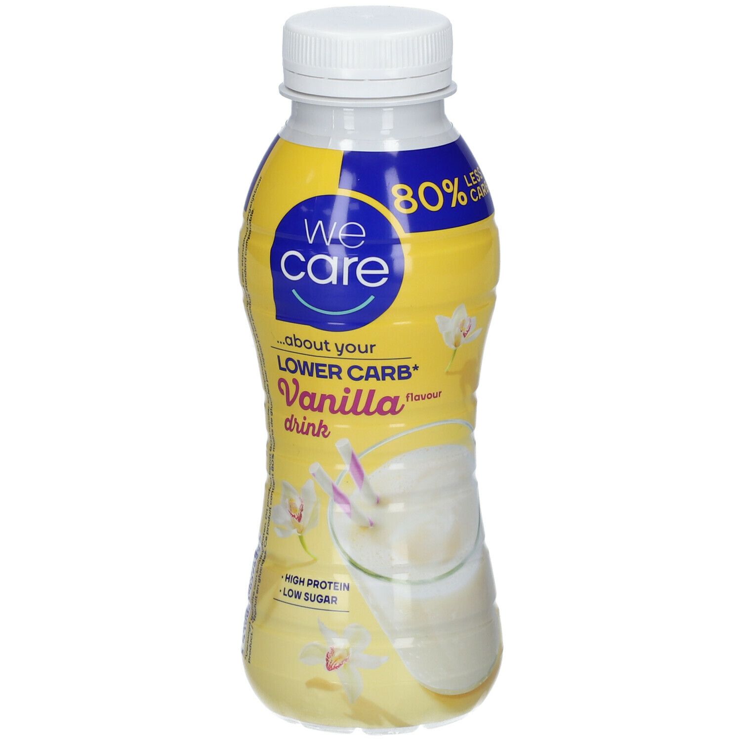 Bouteille de We Care Drink Vanille. Étiquette jaune et blanche avec logo et texte. Bouchon blanc. 80% moins de glucides.