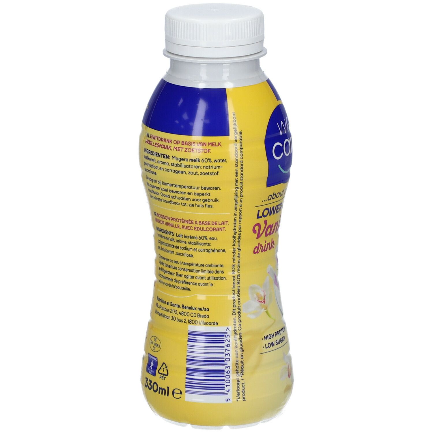 Dos de la bouteille We Care Drink Vanille. Étiquette jaune et blanche avec texte. Bouchon blanc. 330ml.