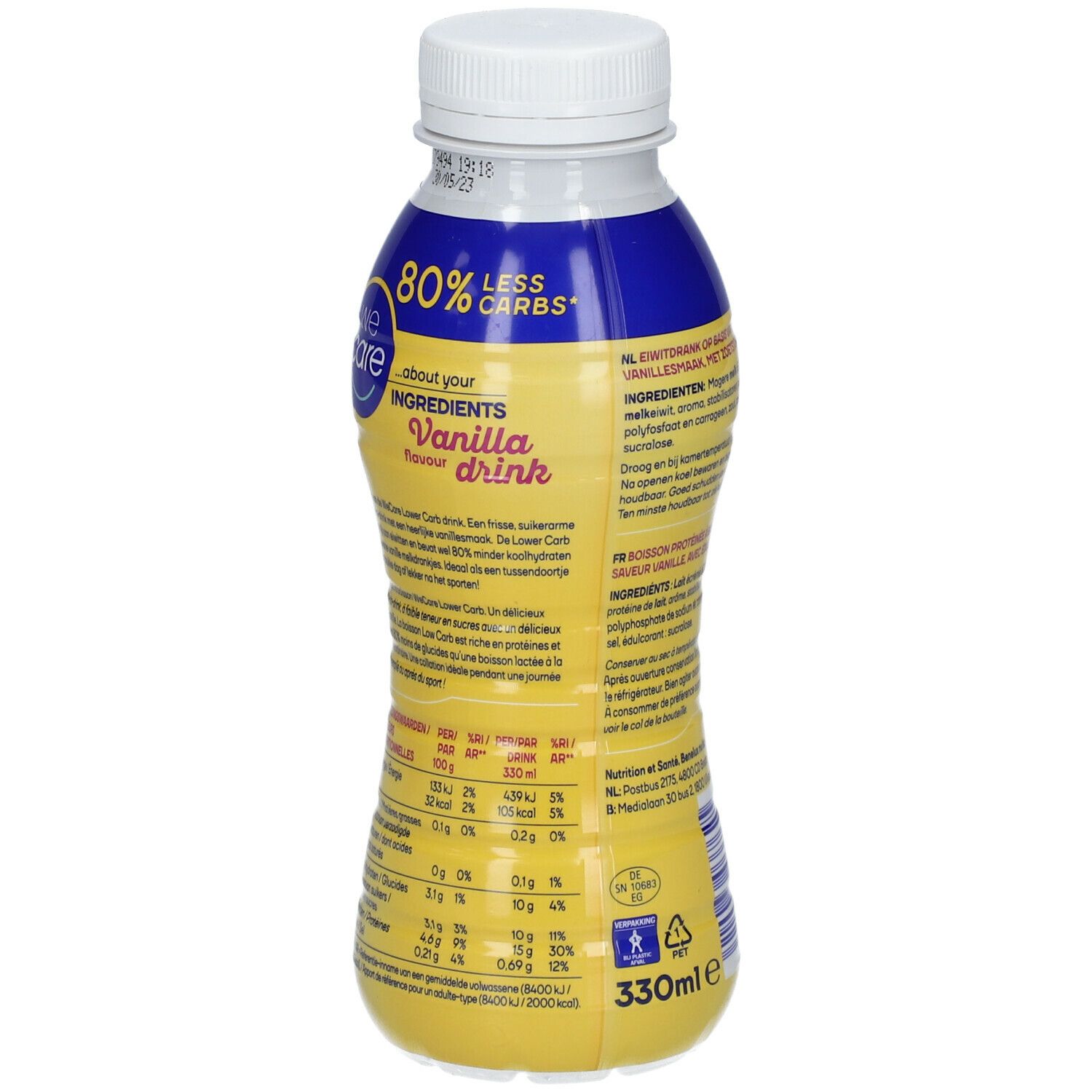 Dos de la bouteille We Care Drink Vanille. Étiquette jaune et blanche avec texte et informations nutritionnelles. Bouchon blanc. 330ml.