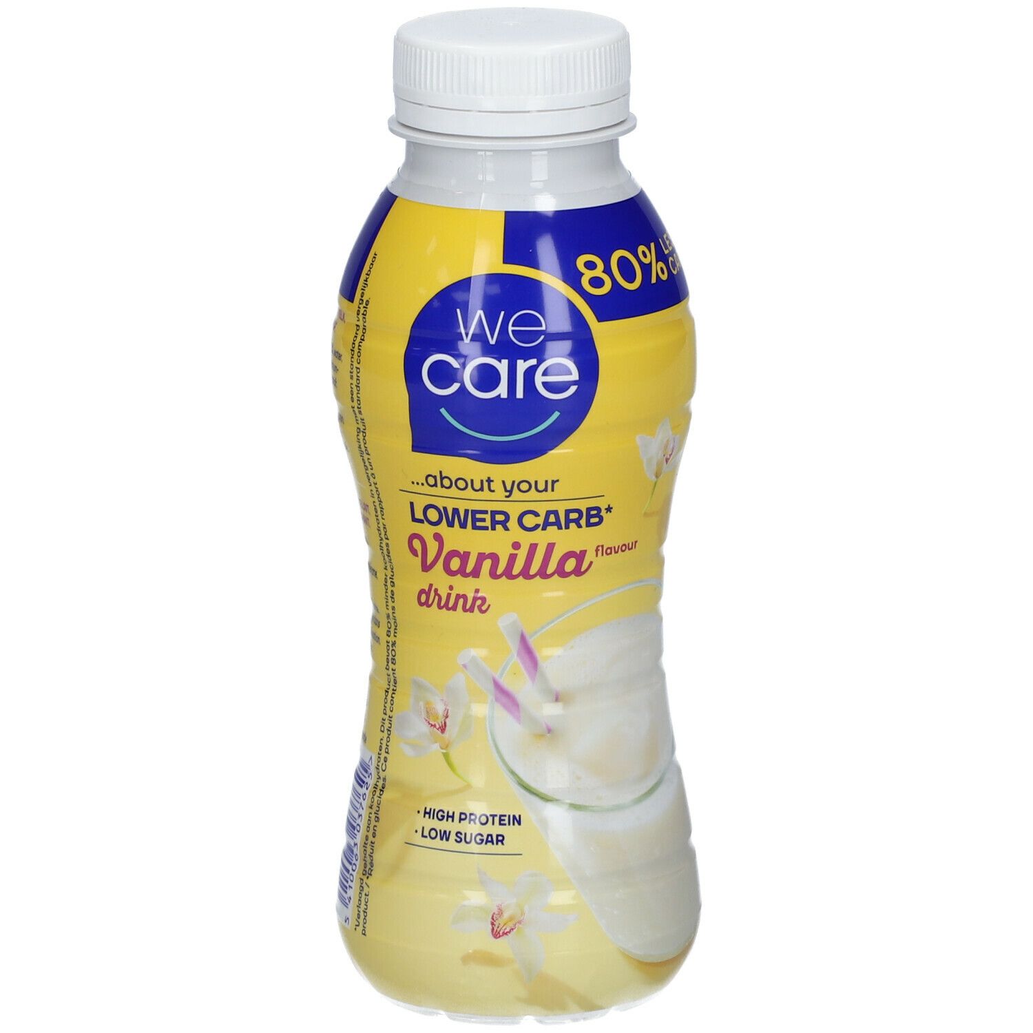 Bouteille de We Care Drink Vanille. Étiquette jaune et blanche avec logo et texte. Bouchon blanc. 80% moins de glucides.