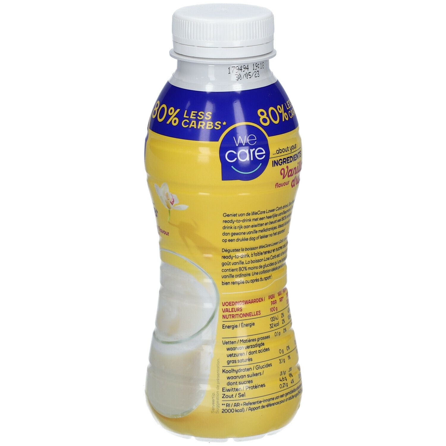 Bouteille de We Care Drink Vanille. Étiquette jaune et blanche avec logo et texte. Bouchon blanc. 80% moins de glucides. Informations nutritionnelles.