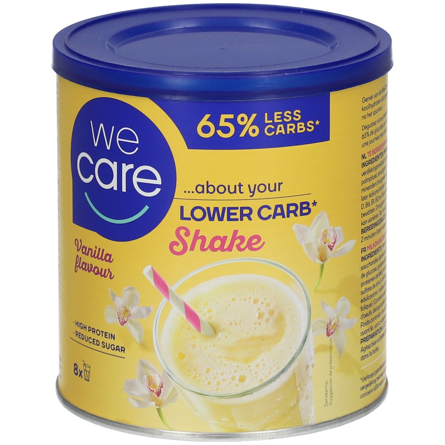 Boîte jaune avec couvercle bleu. Inscription "we care" et "LOWER CARB* Shake". Illustration d'un shake avec une paille. "Vanilla flavour".