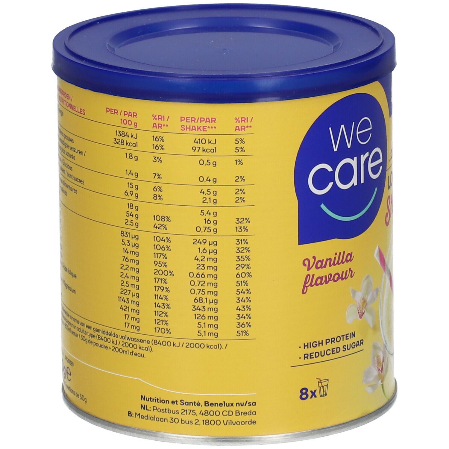 Boîte jaune avec couvercle bleu. Dos avec informations nutritionnelles sous forme de tableau. Inscription "we care" et "Vanilla flavour".
