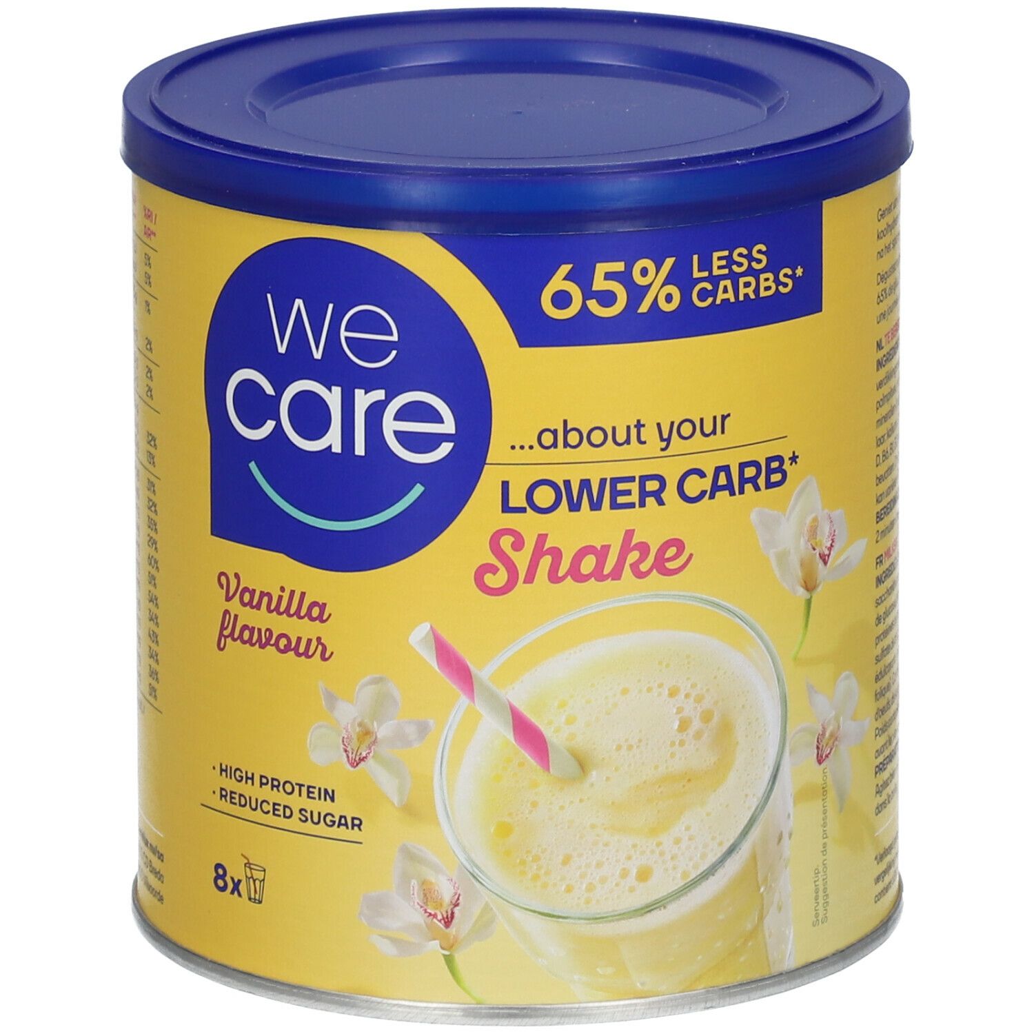 Boîte jaune avec couvercle bleu. Inscription "we care" et "LOWER CARB* Shake". Illustration d'un shake avec une paille. "Vanilla flavour".