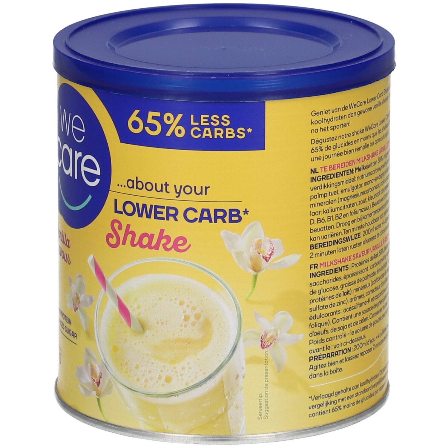 Boîte jaune avec couvercle bleu. Inscription "we care" et "LOWER CARB* Shake". Illustration d'un shake avec une paille. "Vanilla flavour".