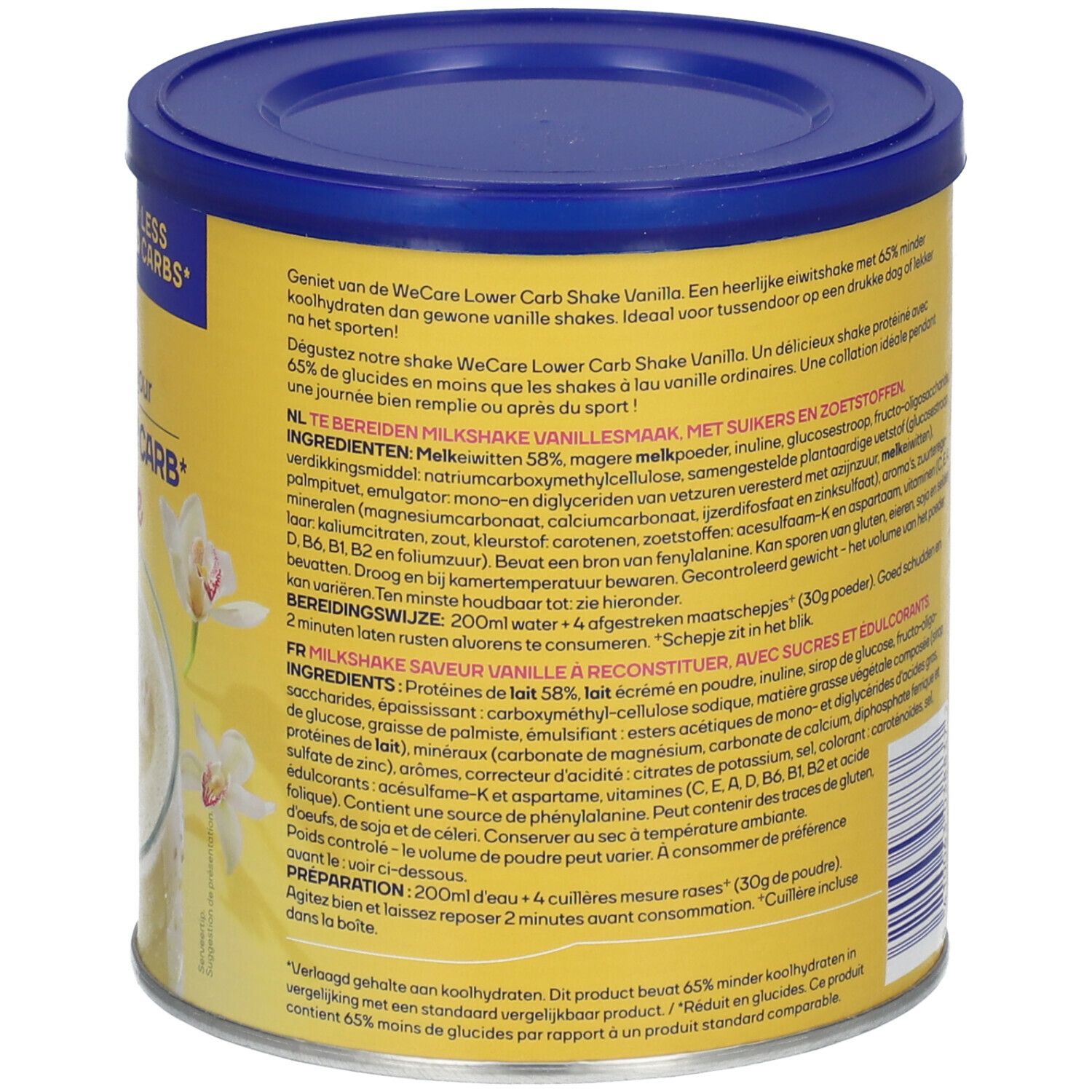 Boîte jaune avec couvercle bleu. Dos avec texte. Inscription "we care" et "Vanilla flavour".