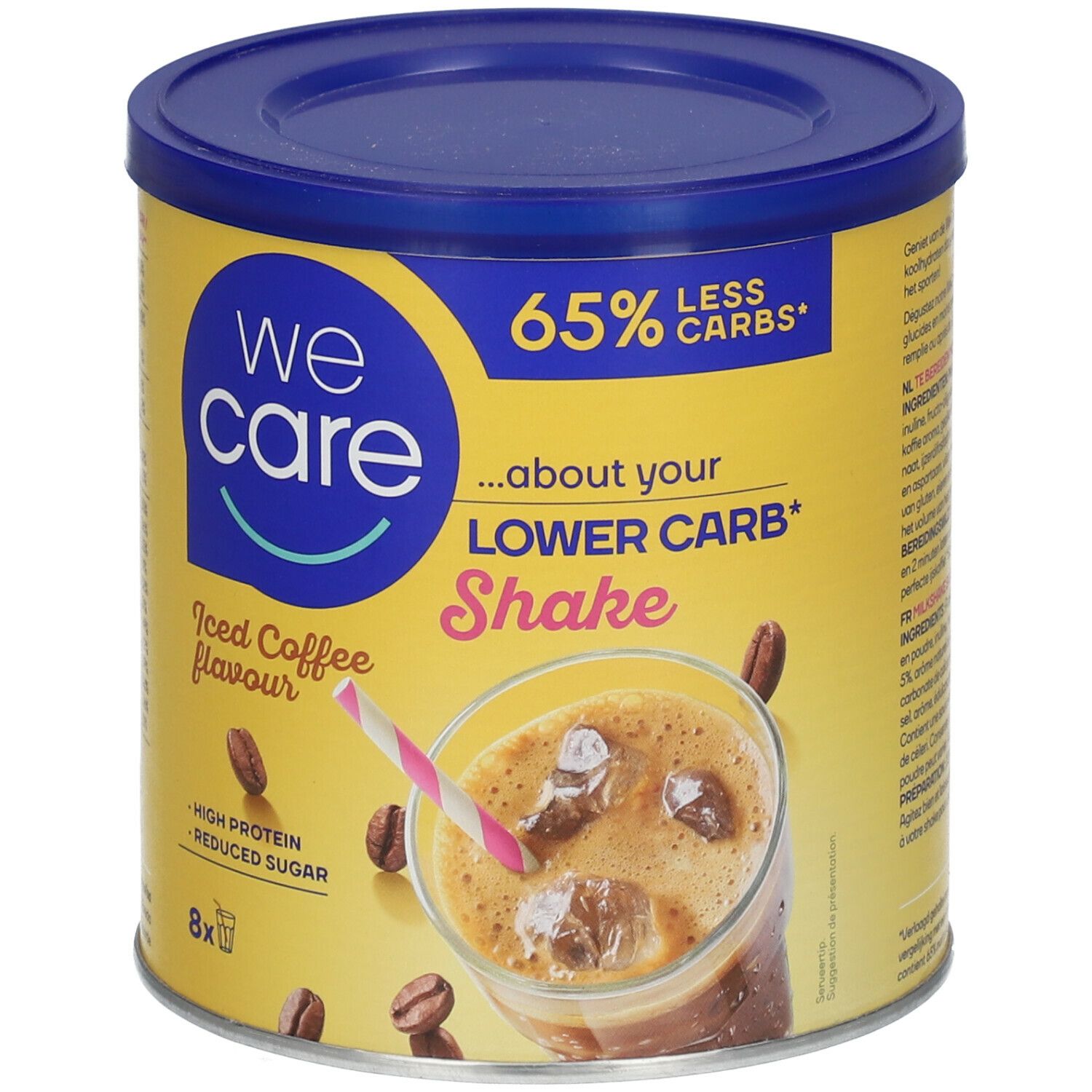 Boîte jaune avec couvercle bleu. Inscription: We Care Lower Carb Shake Iced Coffee. Illustration d'une boisson avec glaçons.