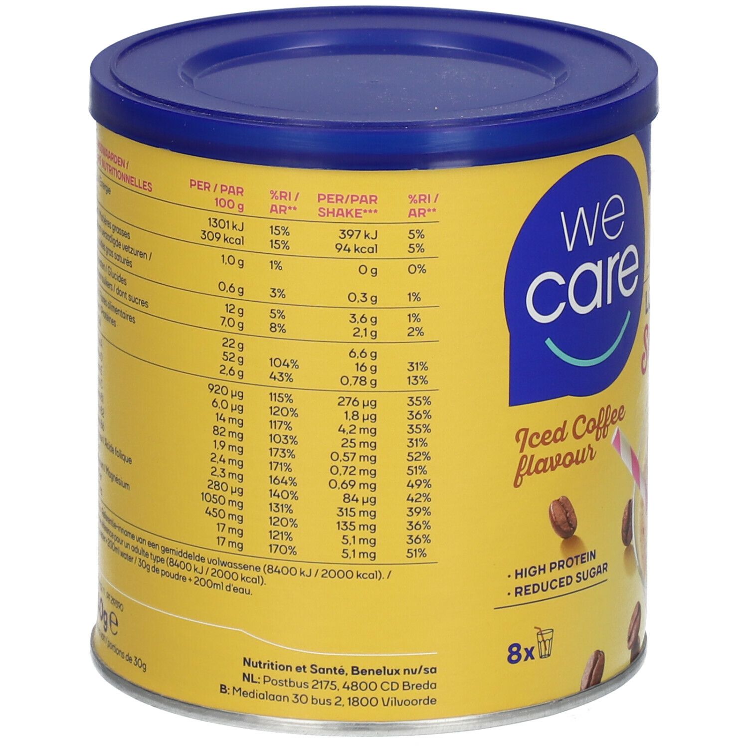 Boîte jaune avec couvercle bleu. Informations nutritionnelles sur la boîte. Texte en plusieurs langues.