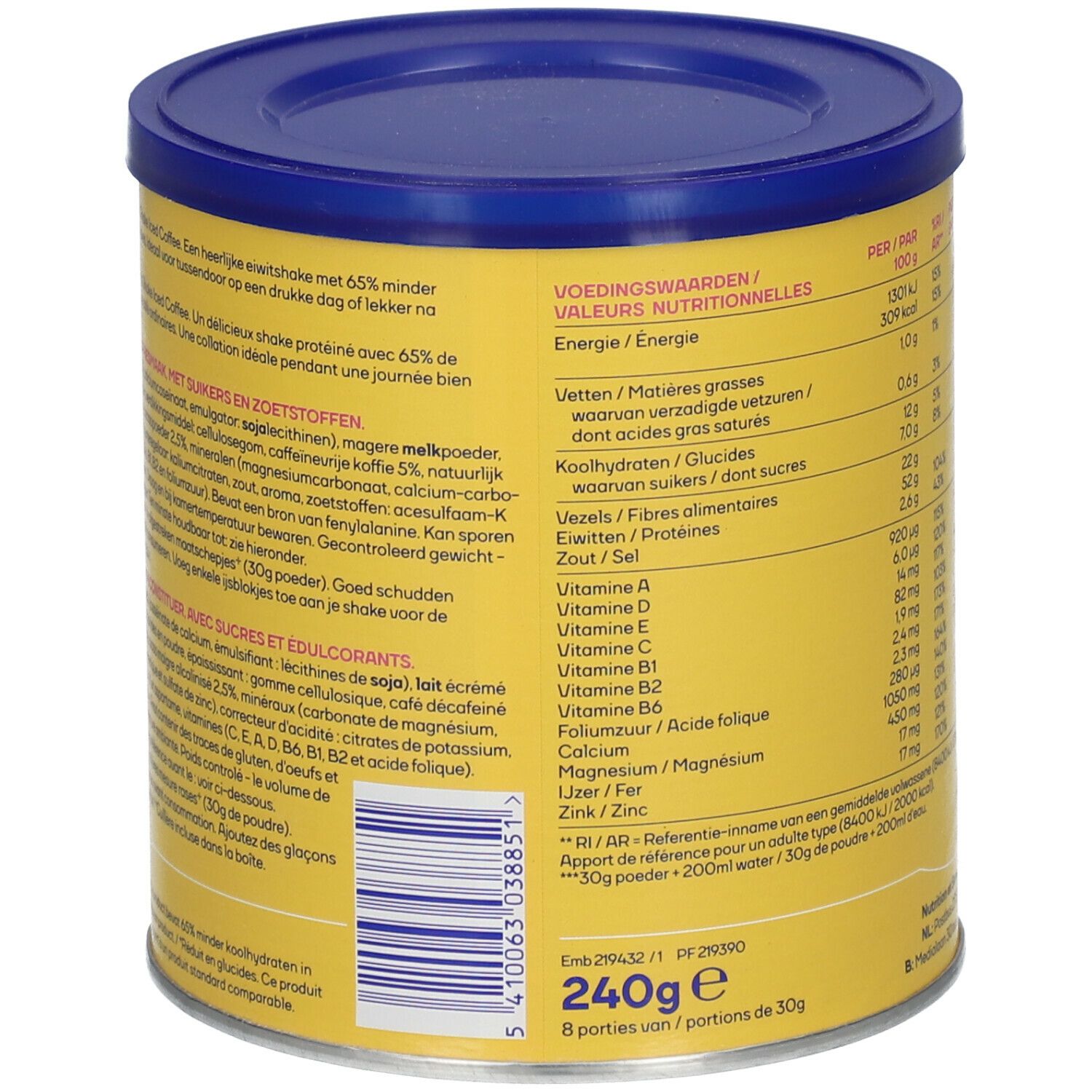 Boîte jaune avec couvercle bleu. Texte en plusieurs langues. Inscription: We Care Lower Carb Shake Iced Coffee.
