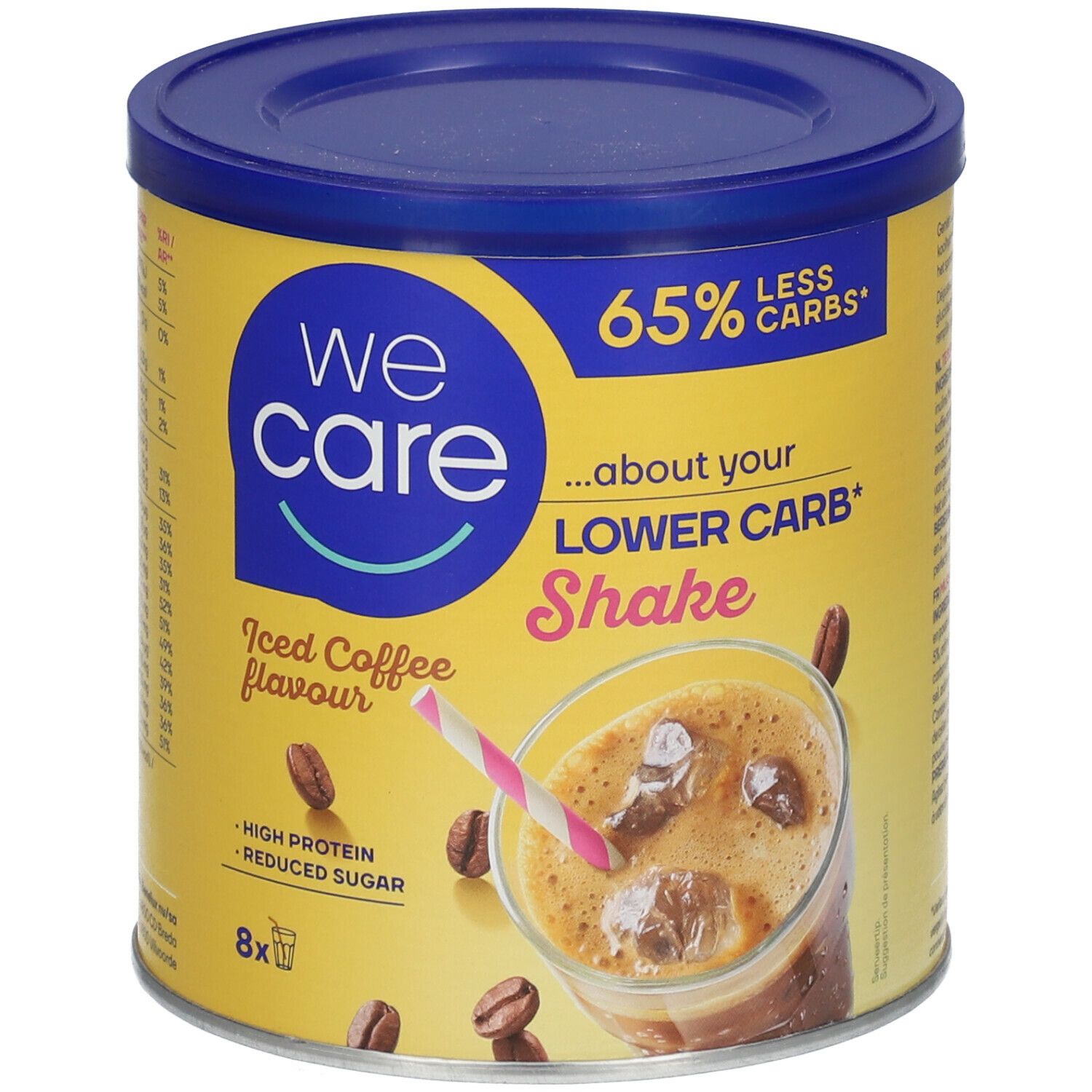 Boîte jaune avec couvercle bleu. Inscription: We Care Lower Carb Shake Iced Coffee. Illustration d'une boisson avec glaçons.