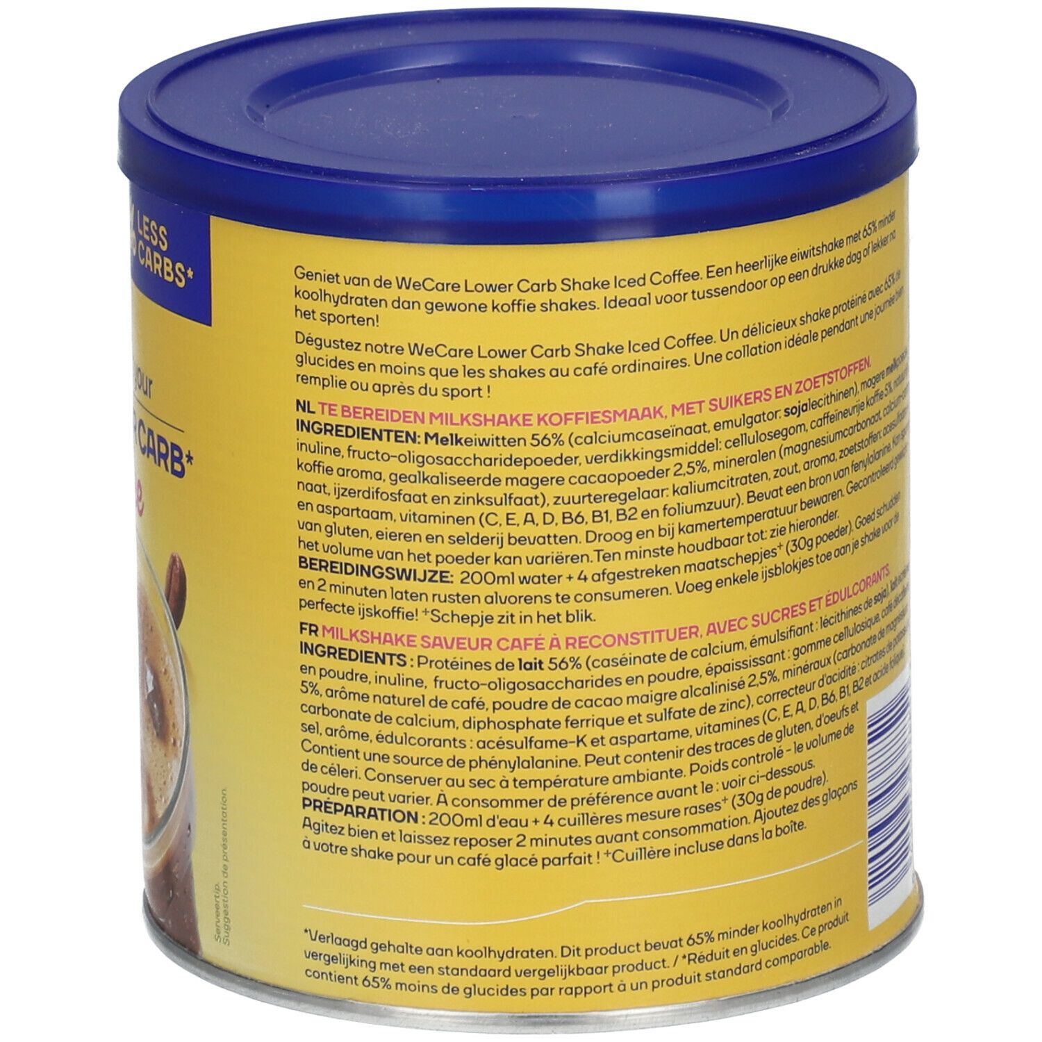 Boîte jaune avec couvercle bleu. Texte en plusieurs langues. Inscription: We Care Lower Carb Shake Iced Coffee.
