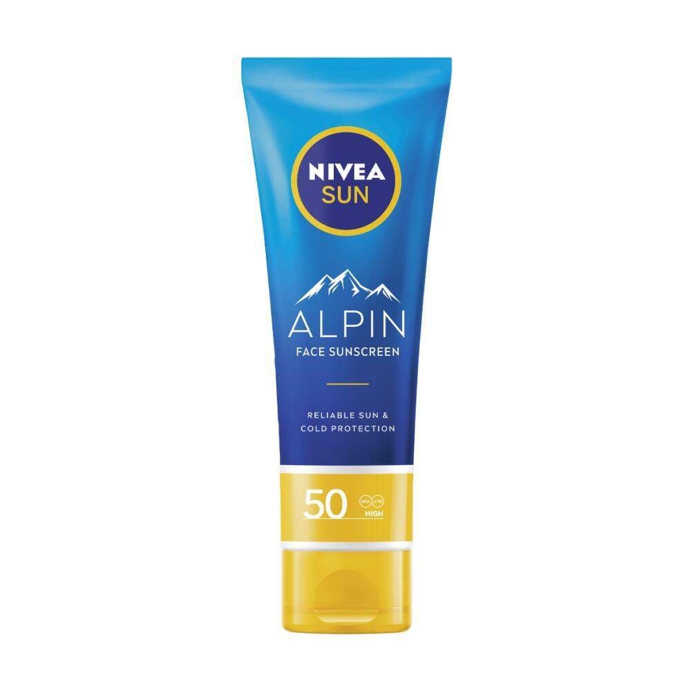 Tube bleue et jaune NIVEA SUN Alpin Face SPF50. Texte: Alpin Face Sunscreen, 50. Protection solaire et contre le froid fiable.