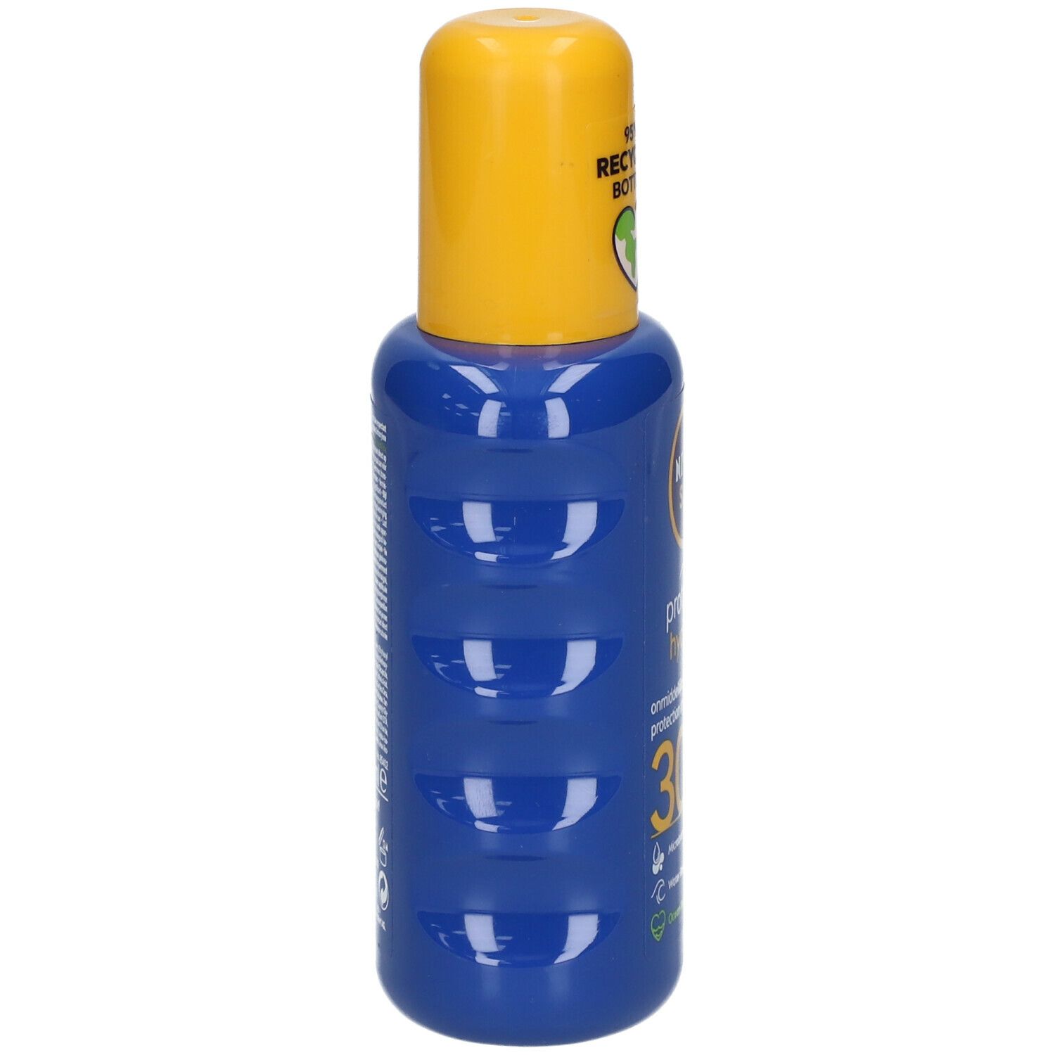 Blauwe NIVEA Sun Protect & Hydrate SPF30-sprayfles met gele dop. Bevat 95% gerecyclede fles. Tekst: bescherming, 30, waterbestendig.
