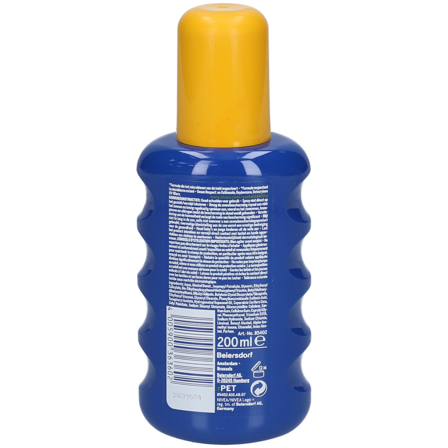 Achterkant van de blauwe NIVEA Sun Protect & Hydrate SPF30-sprayfles. Bevat tekst en informatie. 200 ml. PET-logo.