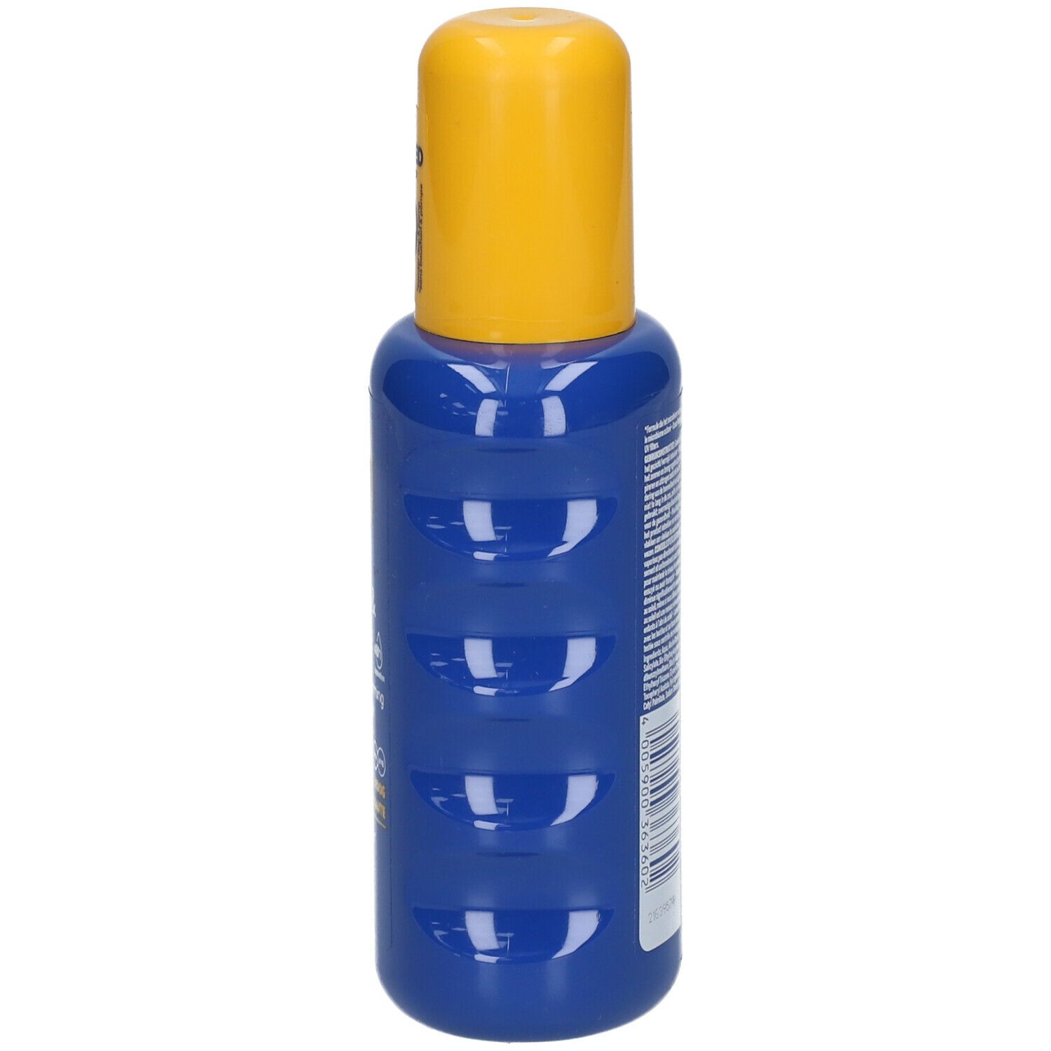 Blauwe NIVEA Sun Protect & Hydrate SPF30-sprayfles met gele dop. Bevat tekst en informatie. 95% gerecyclede fles.