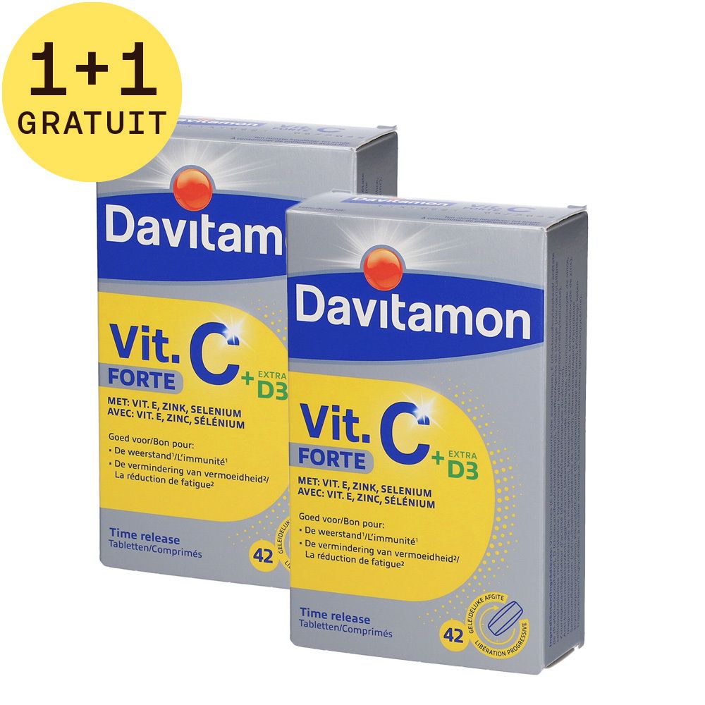 Deux boîtes de Davitamon Vit. C Forte avec '1+1 GRATUIT'. Contient Vitamine C, Zinc, Sélénium et Vitamine D3. 42 comprimés.