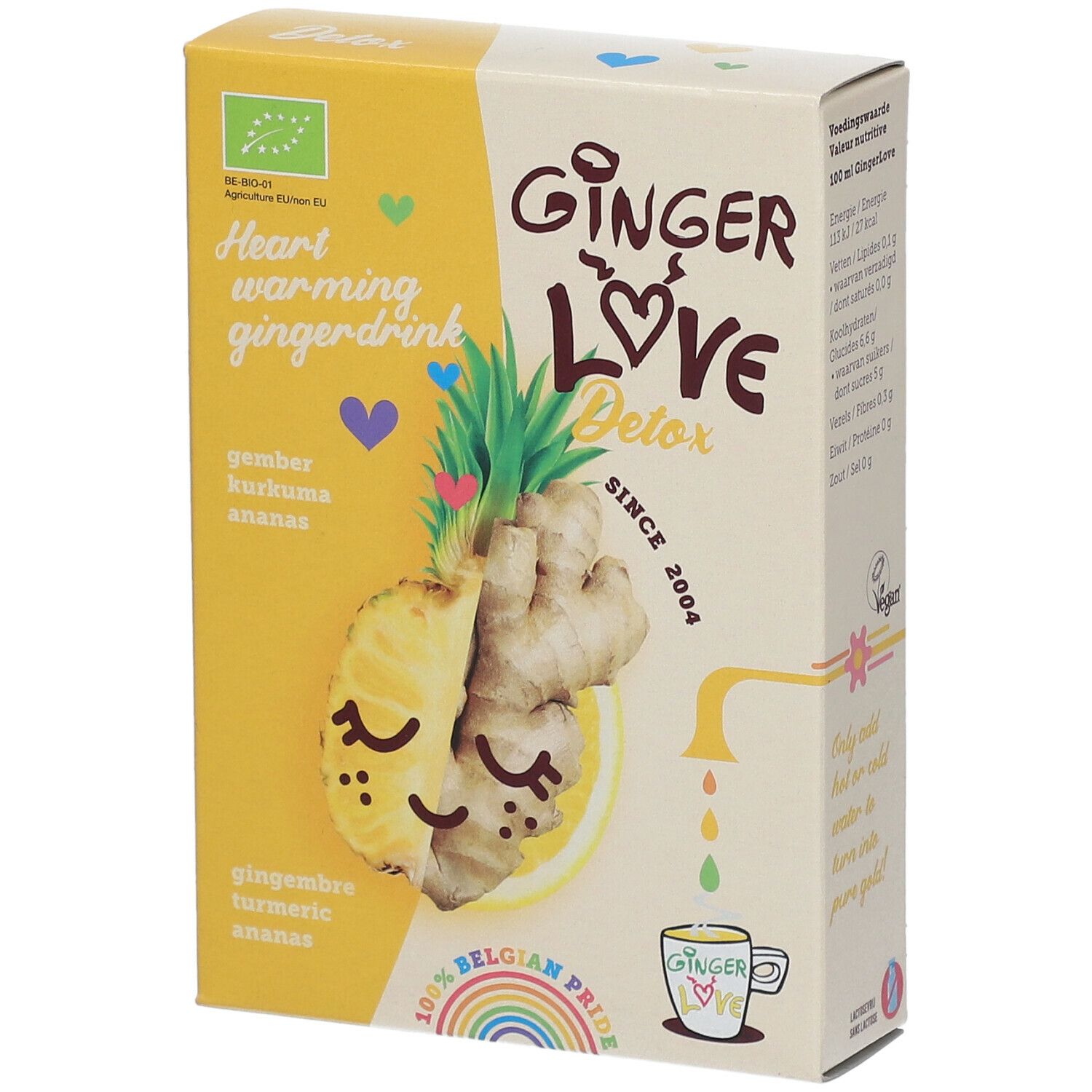 Verpakking van GingerLove Detox. Geel en crème, met illustraties van ananas en gember. Bevat tekst in het Duits en Engels.