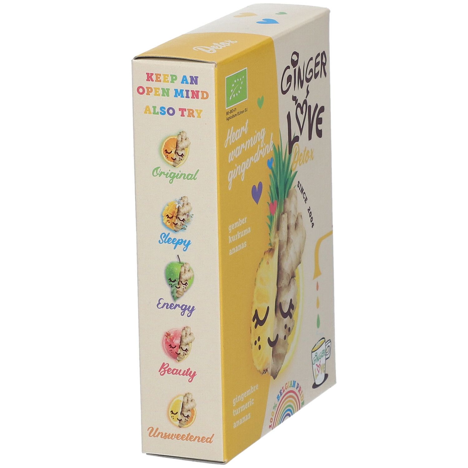 Schuinstaande verpakking van GingerLove Detox. Geel en crème, met illustraties en tekst. Bevat verschillende smaken.