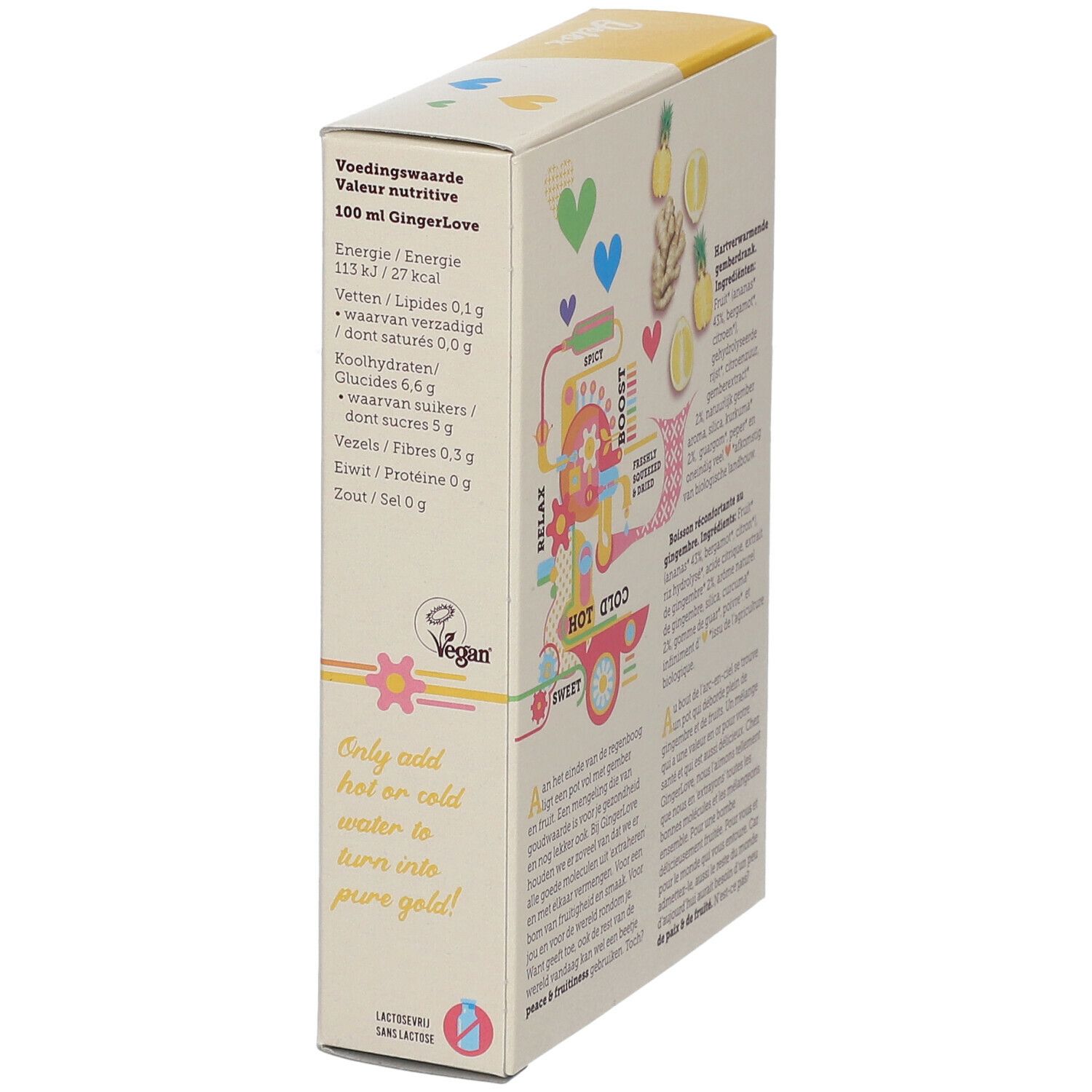 Zijkant van de GingerLove Detox verpakking. Bevat voedingsinformatie en tekst. Veganistisch logo. Crème met gele accenten.
