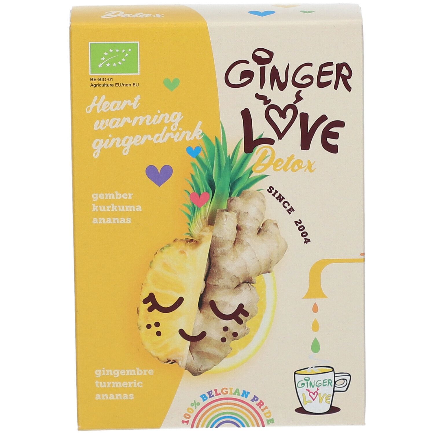 Verpakking van GingerLove Detox. Geel en crème, met illustraties van ananas en gember. Bevat tekst in het Duits en Engels.
