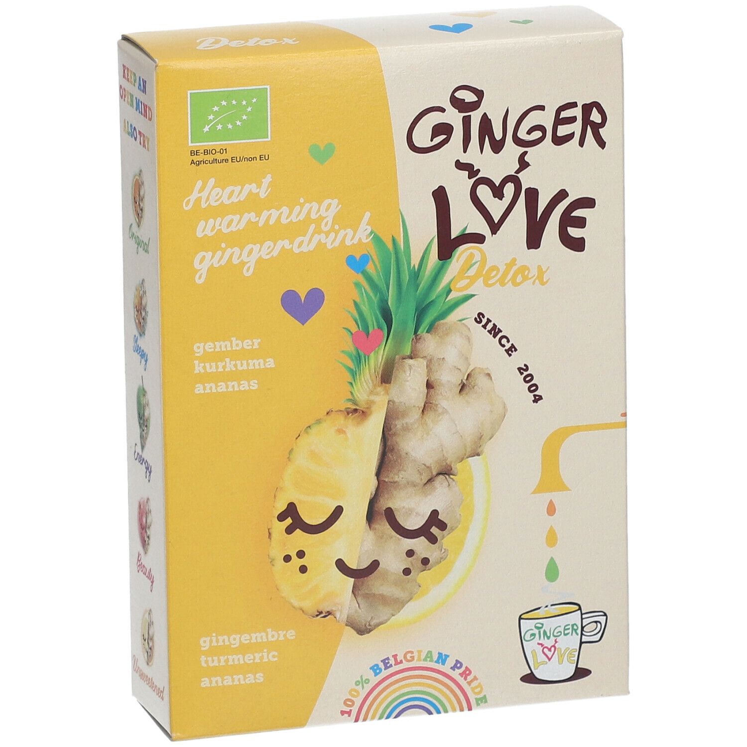 Verpakking van GingerLove Detox. Geel en crème, met illustraties van ananas en gember. Bevat tekst in het Duits en Engels.