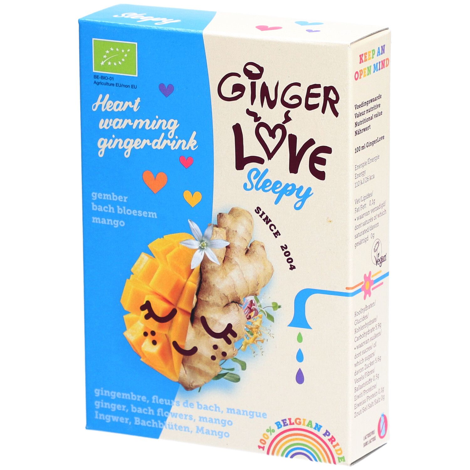 Doos met productillustratie. Opschrift: Ginger Love Sleepy. Bevat mango, gember, Bachbloesem. Bio-keurmerk.