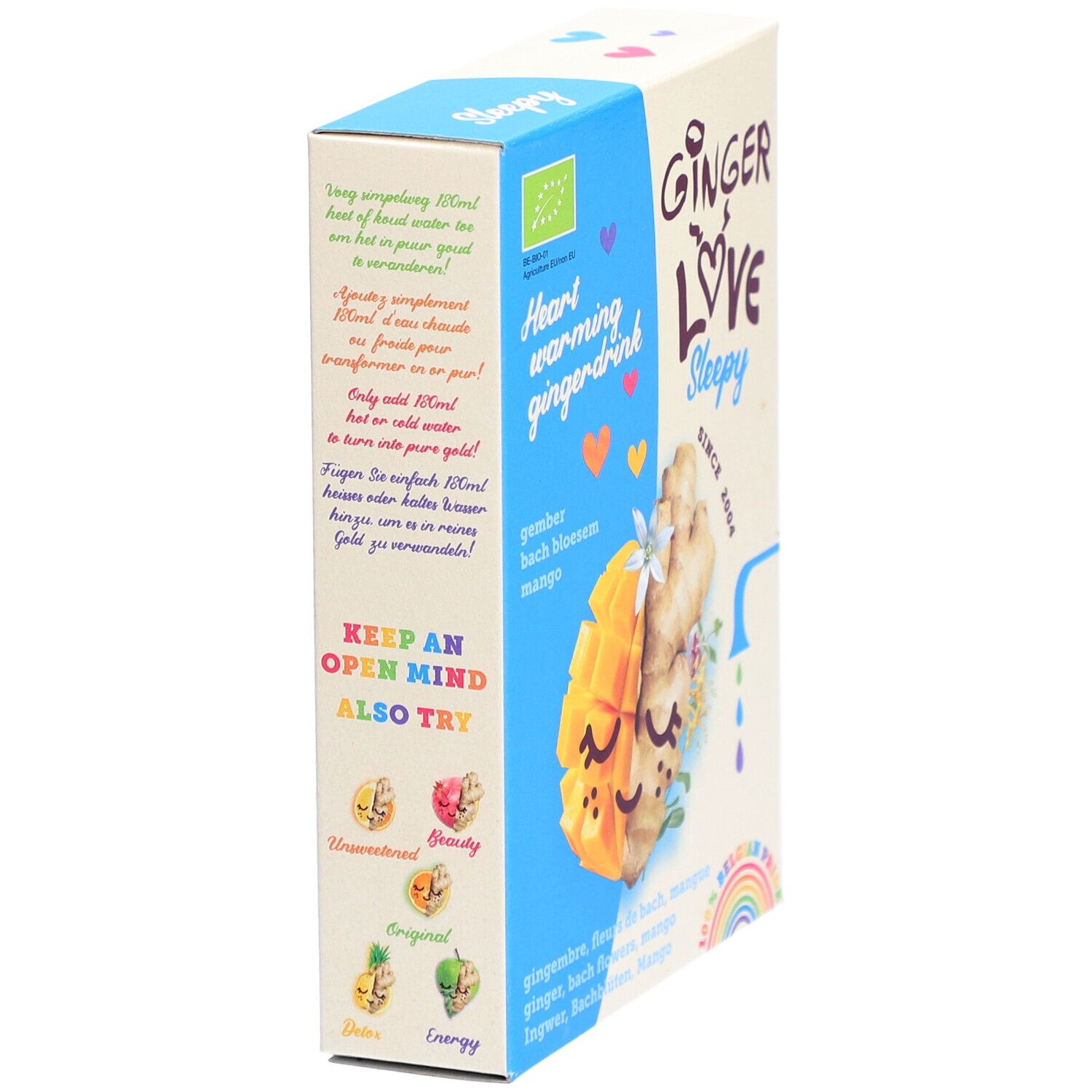 Doos, zijaanzicht. Opschrift: Ginger Love Sleepy. Bevat mango, gember, Bachbloesem. Bio-keurmerk.