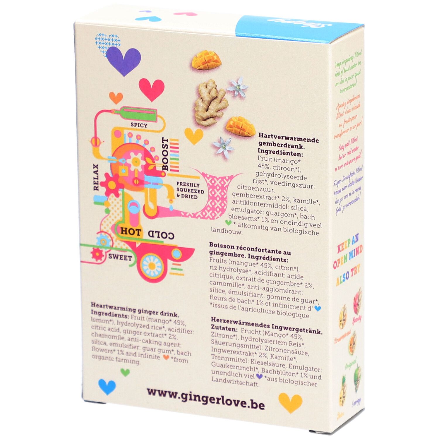 Achterkant van de doos. Ingrediëntenlijst, illustraties van gember en mango. Opschrift: GingerLove. Bio-keurmerk.