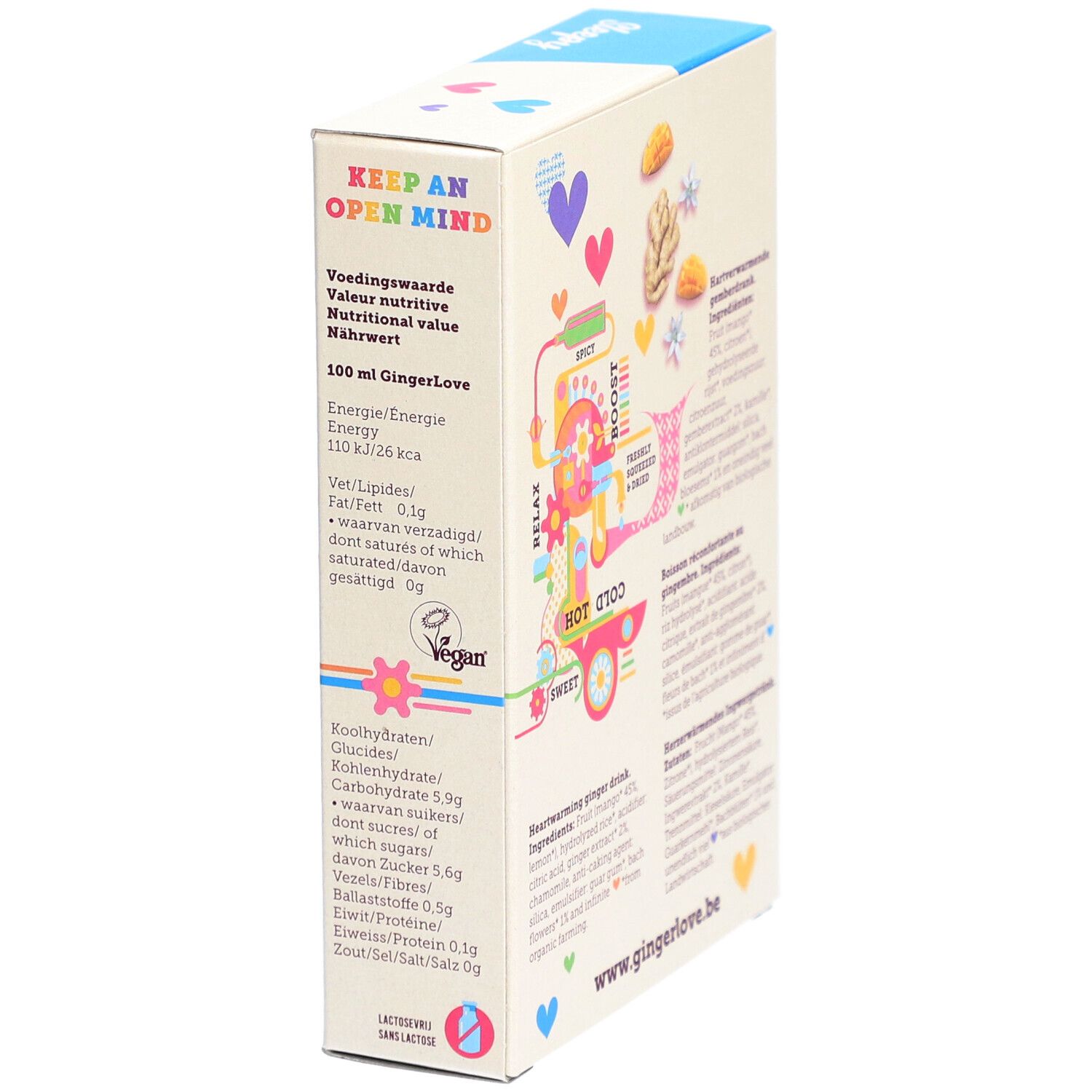Zijkant van de doos. Voedingswaarde, illustraties. Opschrift: GingerLove. Vegan-keurmerk.