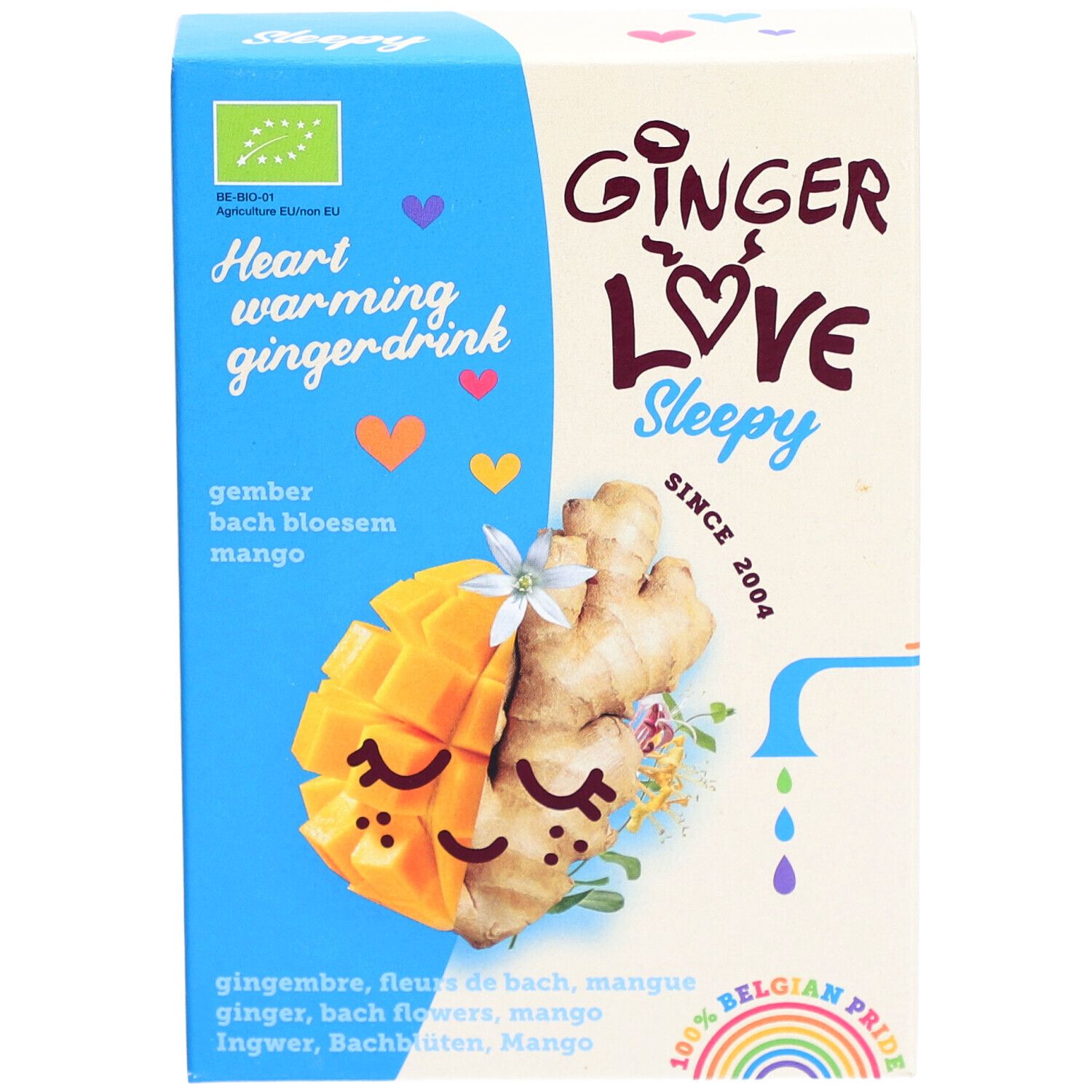 Doos met productillustratie. Opschrift: Ginger Love Sleepy. Bevat mango, gember, Bachbloesem. Bio-keurmerk.